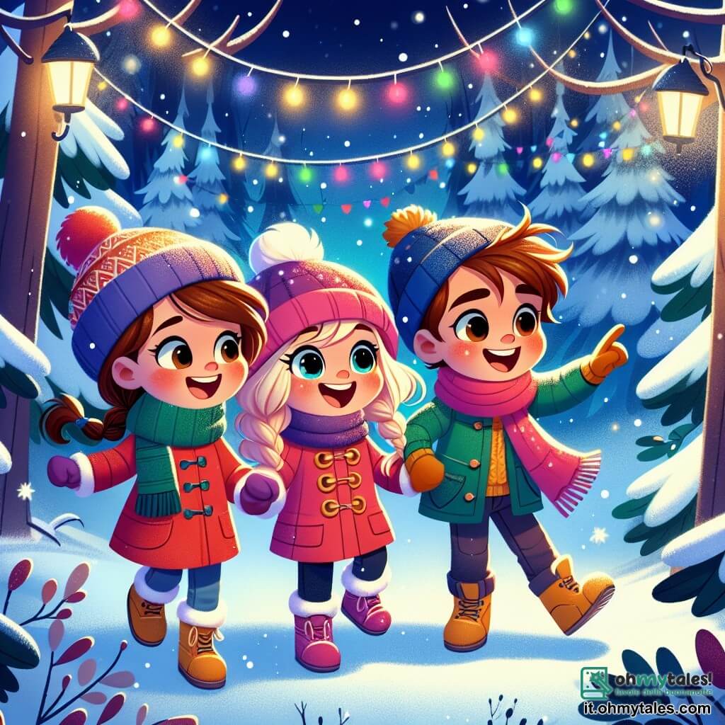 In una foresta magica innevata, tre bambini si trovano al centro della scena. Luca, un bambino di tre anni con capelli castani e occhi scintillanti, indossa un cappotto rosso vivo e un berretto abbinato. Sorride gioiosamente guardando i suoi amici. Alla sua sinistra, Sofia, una bambina di cinque anni con lunghi capelli biondi intrecciati, indossa una sciarpa verde e un cappotto rosa. Punta il dito verso le luci scintillanti degli alberi. A destra, Marco, un bambino di quattro anni con capelli castani e un sorriso birichino, indossa un berretto blu e una giacca gialla. Balla tenendo la mano di Luca. La foresta è illuminata da ghirlande di luci colorate appese ai rami degli alberi, coperti da uno spesso strato di neve scintillante. Fiocchi di neve cadono dolcemente dal cielo stellato, creando un'atmosfera incantevole. I bambini cantano insieme una canzone di Natale, circondati da magia e gioia, mentre un piccolo elfo appare sullo sfondo, pronto ad aiutarli nella loro avventura.