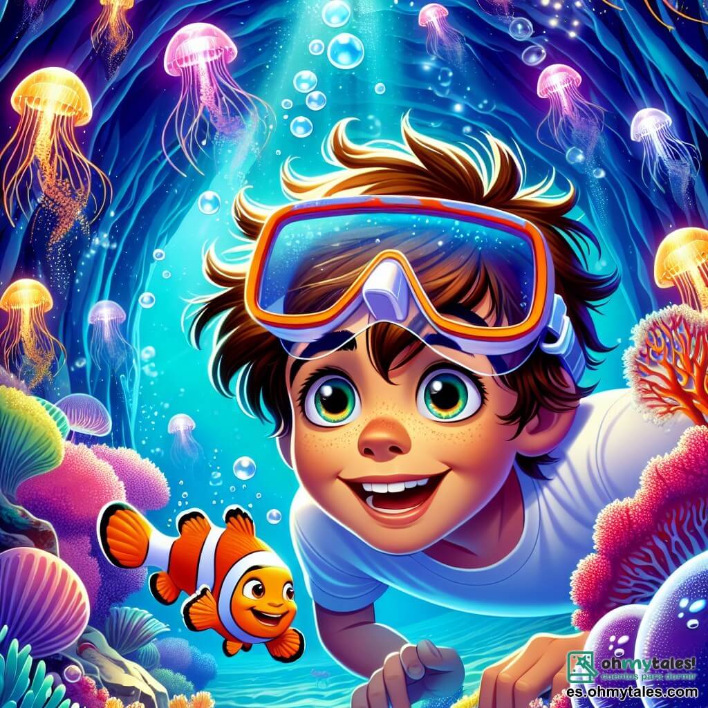 Un niño de 10 años, con cabello castaño despeinado y gafas de buceo en la frente, nada alegremente en una cueva submarina. Su rostro expresa asombro y curiosidad, con los ojos brillantes de emoción. A su lado, un pez payaso de colores vivos, naranja y blanco, flota en círculo, con un aire amistoso y curioso, como si lo invitara a explorar más. El decorado es una cueva submarina iluminada por medusas brillantes, cuyos cuerpos translúcidos proyectan luces azules y violetas en las paredes rocosas. Corales coloridos, rosas y amarillos, rodean al niño, creando un paisaje de ensueño. La situación principal muestra al niño descubriendo un tesoro escondido, una perla brillante en el fondo de la cueva, mientras un remolino de agua crea burbujas a su alrededor, añadiendo a la atmósfera mágica de la aventura.
