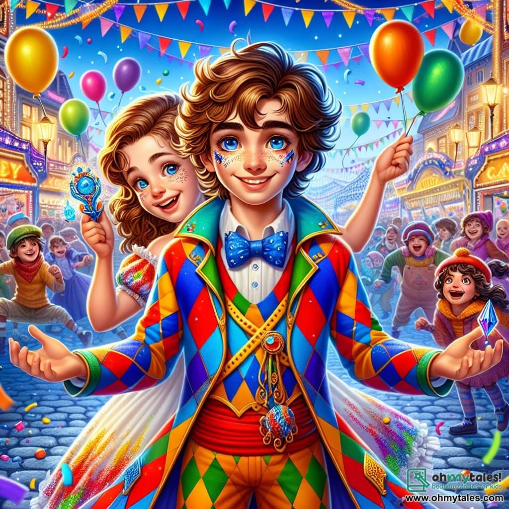A 12-year-old boy, Finn, with tousled brown hair and sparkling curious eyes, wears a bright harlequin costume with diamond patterns in blue, red, and yellow. He stands at the center of the image, smiling widely and holding a shimmering blue feather, ready for adventure. Next to him is an 11-year-old girl, Zadie, with curly hair and a vibrant paint-splattered dress, encouraging him with a determined look while holding a colorful map. In the background, a lively carnival street is decorated with multicolored garlands, floating balloons, and candy stands, where children laugh and dance. The scene exudes a festive and magical atmosphere, filled with joy and excitement, as Finn and Zadie prepare to solve the mystery of the Carnival.