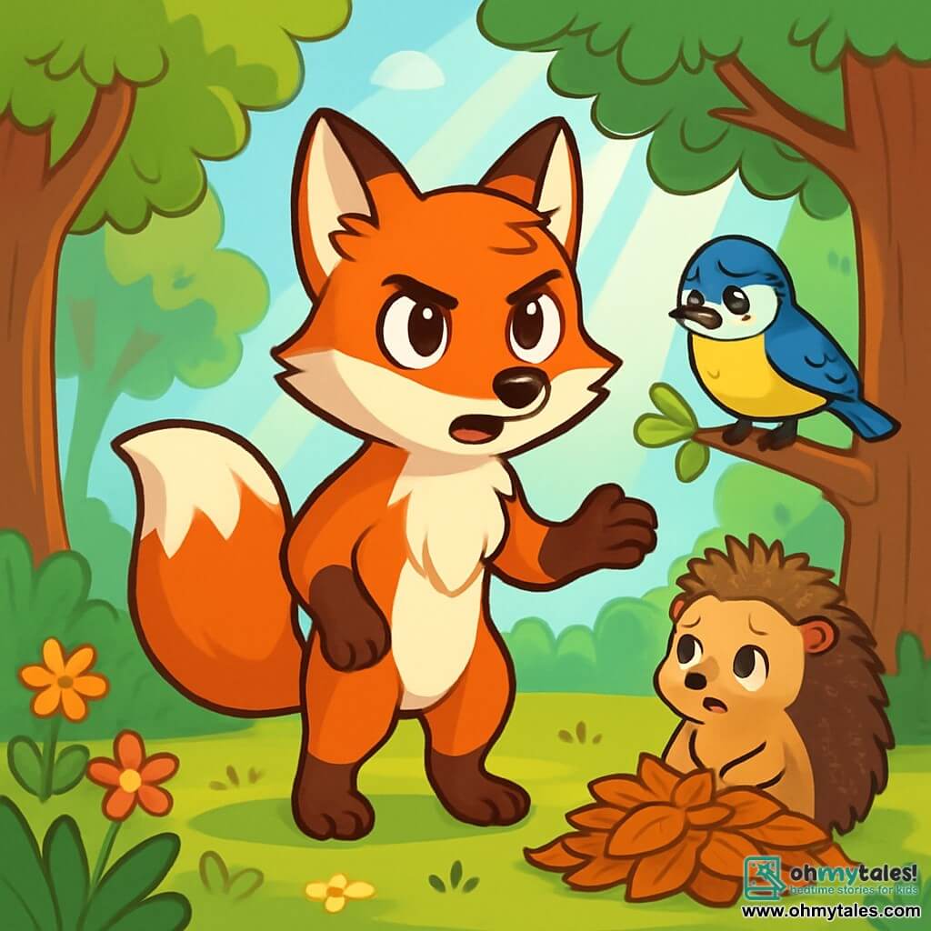 A young fox with bright, curious eyes, a vibrant red coat, and a bushy tail stands at the center of the scene, displaying an expression of determination and compassion. It attentively watches a group of animals gathered around, ready to help them. To its right, a small blue and yellow tit with sad but hopeful eyes perches on a low branch, listening closely to the fox's words. To its left, a prickly hedgehog with a worried look stands near a pile of leaves, seeking a new shelter. The setting is a sunny clearing surrounded by tall trees with lush greenery, with rays of light filtering through the branches. Colorful flowers dot the ground, adding a cheerful touch to the environment. The main situation shows the fox speaking, encouraging the other animals to come together and share their resources to overcome difficulties, fostering a sense of solidarity and hope in the forest.