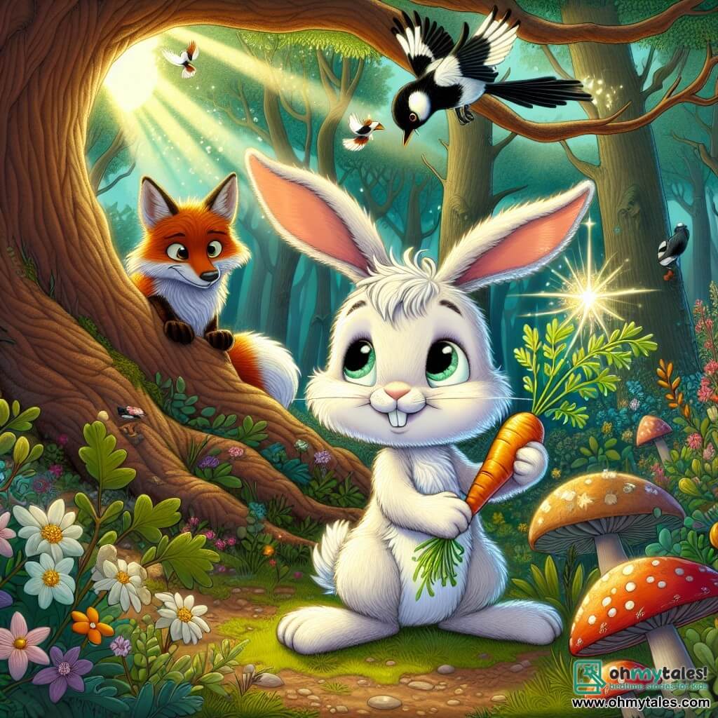 An illustration depicts a young male rabbit with bright white fur and large floppy ears, showing an expression of excitement mixed with a hint of nervousness. Perched on a branch of a large oak tree, he holds a sparkling golden carrot in his paws, gazing in wonder at a magpie nest above him. Nearby, a male fox with fiery red fur, mischievous eyes, and a playful smile observes the scene with pride and encouragement, ready to assist him on his adventure. The setting is an enchanted forest, where sunlight filters through dense foliage, illuminating colorful flowers and oddly shaped mushrooms on the ground. Colorful birds fly around, adding a touch of magic to the environment. The main scene shows the young rabbit about to retrieve the golden carrot, a symbol of prosperity for his village, while the fox encourages him to overcome his fear and seize the opportunity for a grand adventure. The illustration also includes fantastical elements like shimmering fireflies in the air, curious small animals watching from the bushes, and brightly colored leaves gently falling around them, creating a joyful and vibrant atmosphere.
