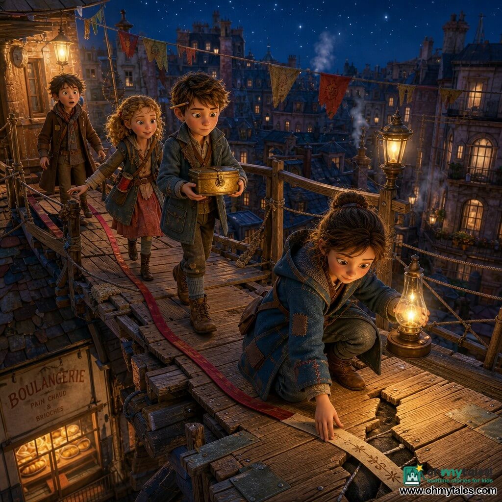 Four children: Mara, 10, wearing a patched blue coat and holding an oil lamp with a warm yellow glow, kneels on a repaired plank applying a paper strip to a crack; Theo, 10, short-haired with a notebook and pencil behind his ear, walks mid-bridge holding a small brass box with both hands, focused; Lila, 9, with sun-colored curly hair and a spool of red thread at her belt, follows just behind Theo ready to receive the box with one hand on the railing; Ivo, 11, in a brown coat with missing buttons, stands at the start of the bridge slightly back, surprised and relieved, eyes fixed on the box. They cross a roof-bridge of worn wooden planks and uneven rooftops at night, lit by brass street lamps and a warm lamp light, ropes and fabric garlands along the sides, faint bakery smoke below and peeling painted facades, a deep starry sky and dense city in the background; freshly nailed boards and a red ribbon guide their passage over the repaired fissure—an urban fantasy scene of concentration, cooperation, visible textures, and a soft, reassuring atmosphere.