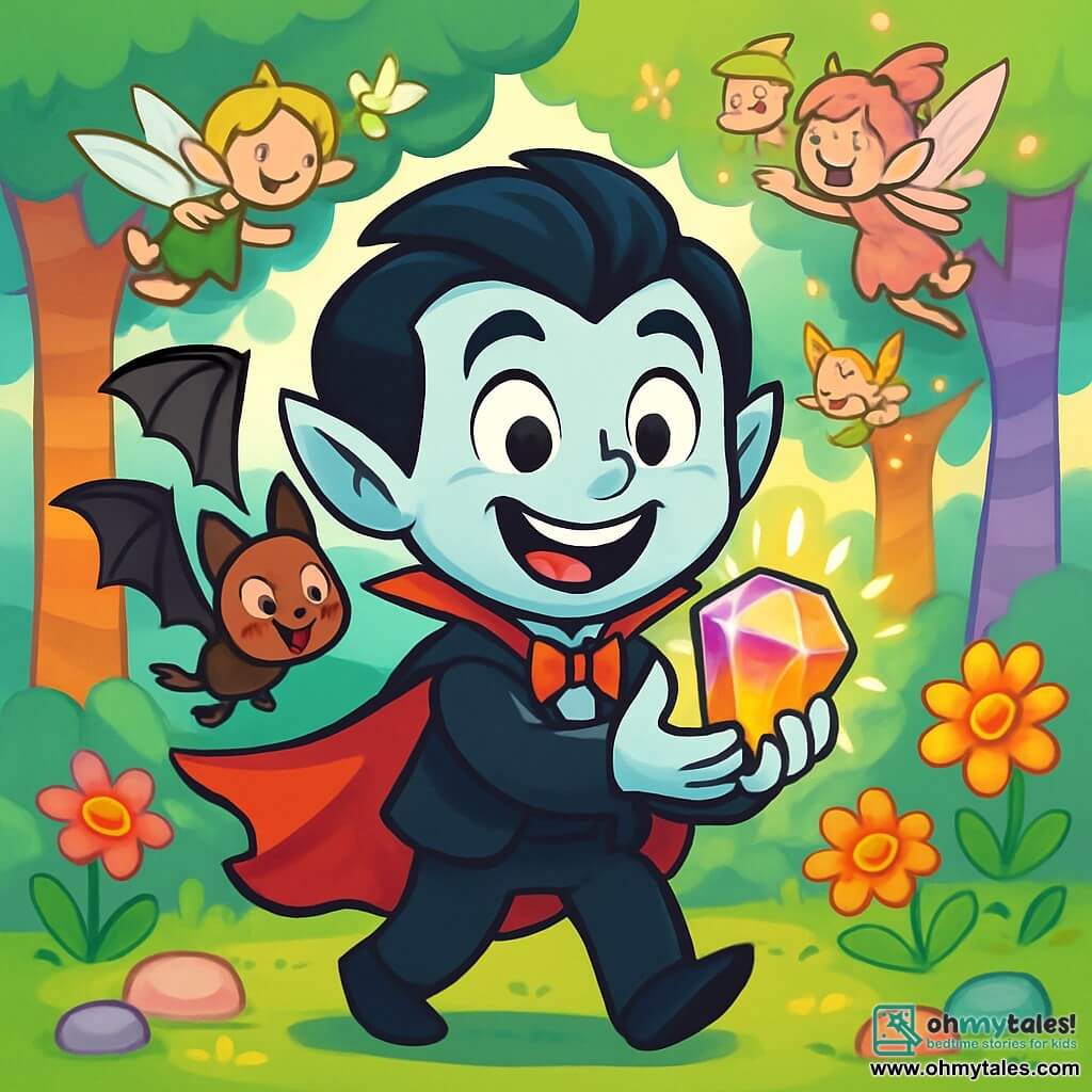 A cheerful vampire named Vinnie, with shiny black hair and a red cape fluttering behind him, stands at the center of the image, a big smile on his face sparkling with excitement. His eyes shine with enthusiasm as he holds the precious Jelly Jewel, a sparkling gem in bright colors that emits glimmers of light. Next to him, Flap, a small bat vampire with delicate wings and mischievous eyes, joyfully flies around him, adding a dynamic touch to the scene. In the background, Wobbly Woods is filled with trees with colorful trunks, their leaves resembling floating candy, and laughing flowers that seem to dance with the wind. The ground is covered in soft, fluffy moss, dotted with small marshmallow stones. The main scene shows Vinnie, with a triumphant expression, celebrating his victory after retrieving the Jelly Jewel from the hands of mischievous pixies, who fly around him, their sparkling wings and laughter resonating in the air.