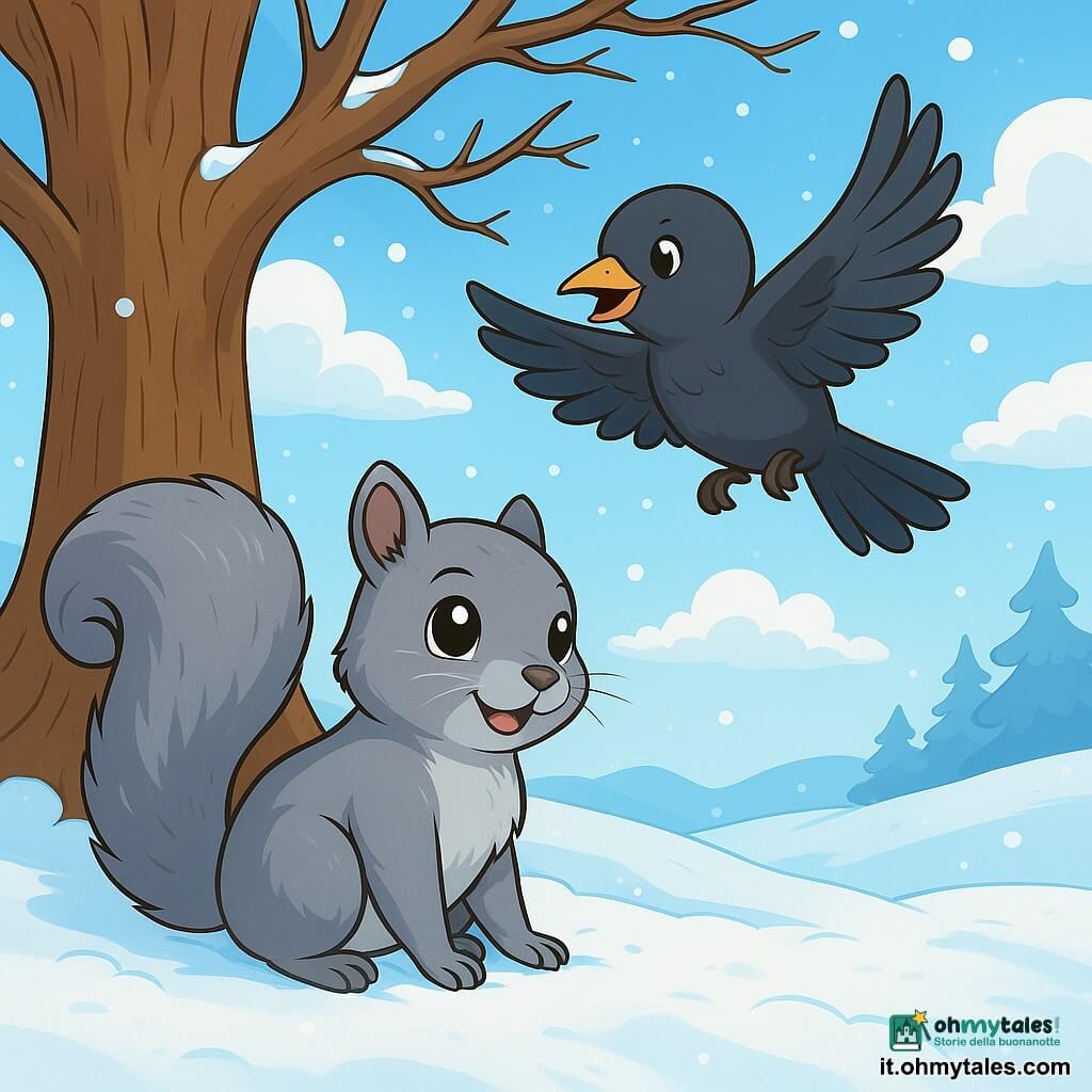 Un piccolo scoiattolo grigio, Timoteo, con un pelo morbido e occhi brillanti, si trova sotto una grande quercia maestosa, con un'espressione curiosa e gioiosa. Guarda intorno a sé, con le sue piccole zampe appoggiate sulla neve scintillante. Accanto a lui, un merlo dal ventre chiaro, Fio, con piume lucenti e un'aria vivace, vola in cerchi sopra Timoteo, le ali che battono con entusiasmo. Il luogo è un magnifico paesaggio invernale, dove la neve ricopre il terreno come un spesso tappeto bianco, e i rami nudi della quercia si stagliano contro un cielo azzurro chiaro, punteggiato di nuvole soffici. La scena emana un'atmosfera di magia invernale, piena di luce e dolcezza. Timoteo e Fio si preparano a partire per un'avventura, cercando tesori nascosti sotto la neve, i loro volti illuminati dall'eccitazione e dalla gioia di scoprire il mondo che li circonda.