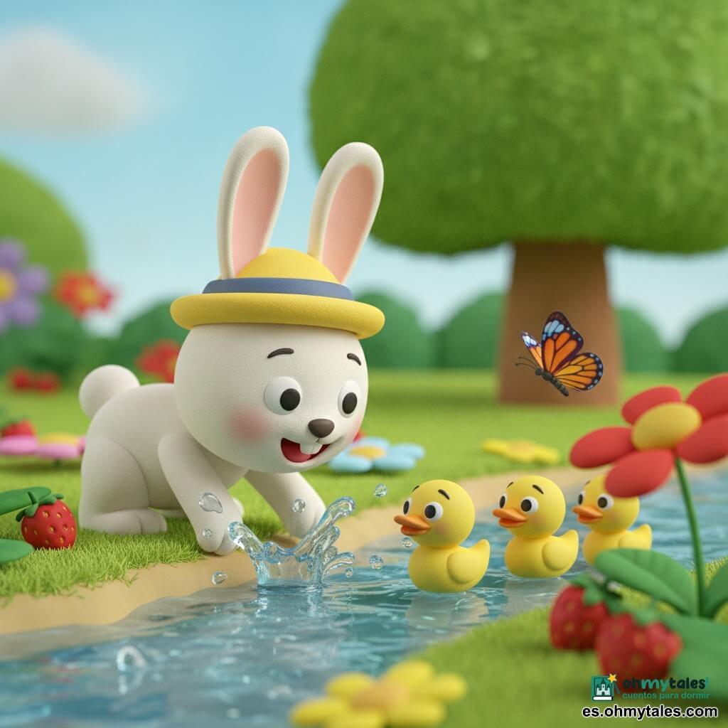 Conejo blanco de orejas largas con sombrero amarillo ladeado mojando sus patas en un arroyo; tres patitos amarillos nadan en fila a su derecha salpicando; mariposa naranja y azul posada en una flor roja sobre el arroyo; jardín veraniego luminoso con arroyo poco profundo, orillas herbosas, fresas rojas, flores grandes y un árbol que da sombra; tarde de verano tranquila en la que juegan, salpican y recogen fresas, ambiente cálido y colores vivos.