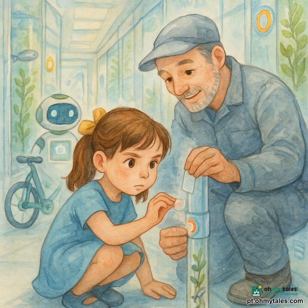 Menina de 6 anos de cabelos castanhos presos por laço amarelo, rosto redondo e olhos concentrados, agachada com a mão estendida a um anel-sensor num tubo transparente, veste vestido azul-claro e uma bicicleta azul atrás; ao lado, o Senhor Rui, ~45 anos, barba grisalha, macacão cinza e boné, com olhar benevolente, segura um vaporizador morno enquanto ajuda segurando a etiqueta luminosa; ao fundo à esquerda, um robô varredor branco e verde com olhos azuis observa; local: corredor técnico claro com paredes de vidro, tubos de água com peixinhos-robôs e plantas, luzes LED em anéis e chão cinza; cena calma e precisa de remoção delicada de uma etiqueta-luz de um sensor com vapor dissolvendo a cola, gotas brilhantes, atmosfera calorosa e futurista, paleta aquarelada suave.