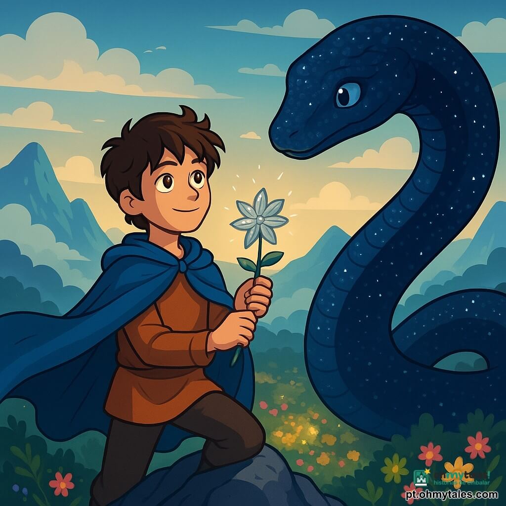 Um jovem chamado Arunas, com cerca de 15 anos, está no topo de uma montanha majestosa, seu rosto iluminado por uma luz de esperança e determinação. Ele tem cabelos castanhos desgrenhados, olhos brilhantes como estrelas e usa uma capa de lã azul que flutua ao vento. Em suas mãos, ele segura delicadamente uma flor com pétalas prateadas, radiante de magia. Ao seu lado, uma serpente gigante com escamas cintilantes, como um céu estrelado, se ergue com uma expressão benevolente, pronta para ajudá-lo. Seus olhos são de um azul profundo, refletindo a sabedoria dos tempos. O cenário é um paisagem encantadora, com picos montanhosos envoltos em névoa, nuvens fofas flutuando ao redor e um jardim luxuriante abaixo, repleto de flores coloridas e luzes brilhantes. A situação principal mostra Arunas no momento em que finalmente encontrou a Flor Única, símbolo de esperança para seu povo, enquanto a serpente o encoraja com uma postura protetora, criando uma atmosfera de magia e descoberta.