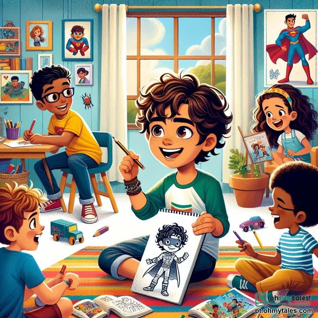 Um garoto de 10 anos, Lucas, com cabelo castanho bagunçado e olhos brilhantes de curiosidade, está sentado em um tapete colorido em seu quarto. Ele sorri alegremente segurando um lápis em uma mão e um caderno de desenhos na outra, onde desenhou um super-herói. Ao seu lado, sua melhor amiga Ana, uma menina de 9 anos com cabelos longos e cacheados, usa uma camiseta listrada e olha para Lucas com um grande sorriso, segurando um livro cheio de histórias. Um pouco mais longe, Pedro, um garoto de 10 anos com óculos e uma camiseta azul, está sentado em uma cadeira, rindo enquanto segura uma caixa de jogos de tabuleiro. O quarto é iluminado e acolhedor, decorado com pôsteres de super-heróis e desenhos pendurados na parede. Brinquedos estão espalhados pelo chão, e uma janela aberta deixa entrar a luz do sol, iluminando o ambiente com uma suave calor. A cena principal mostra Lucas e seus amigos compartilhando risadas e histórias, celebrando a amizade e a alegria de passar tempo juntos, apesar dos desafios que Lucas enfrenta.