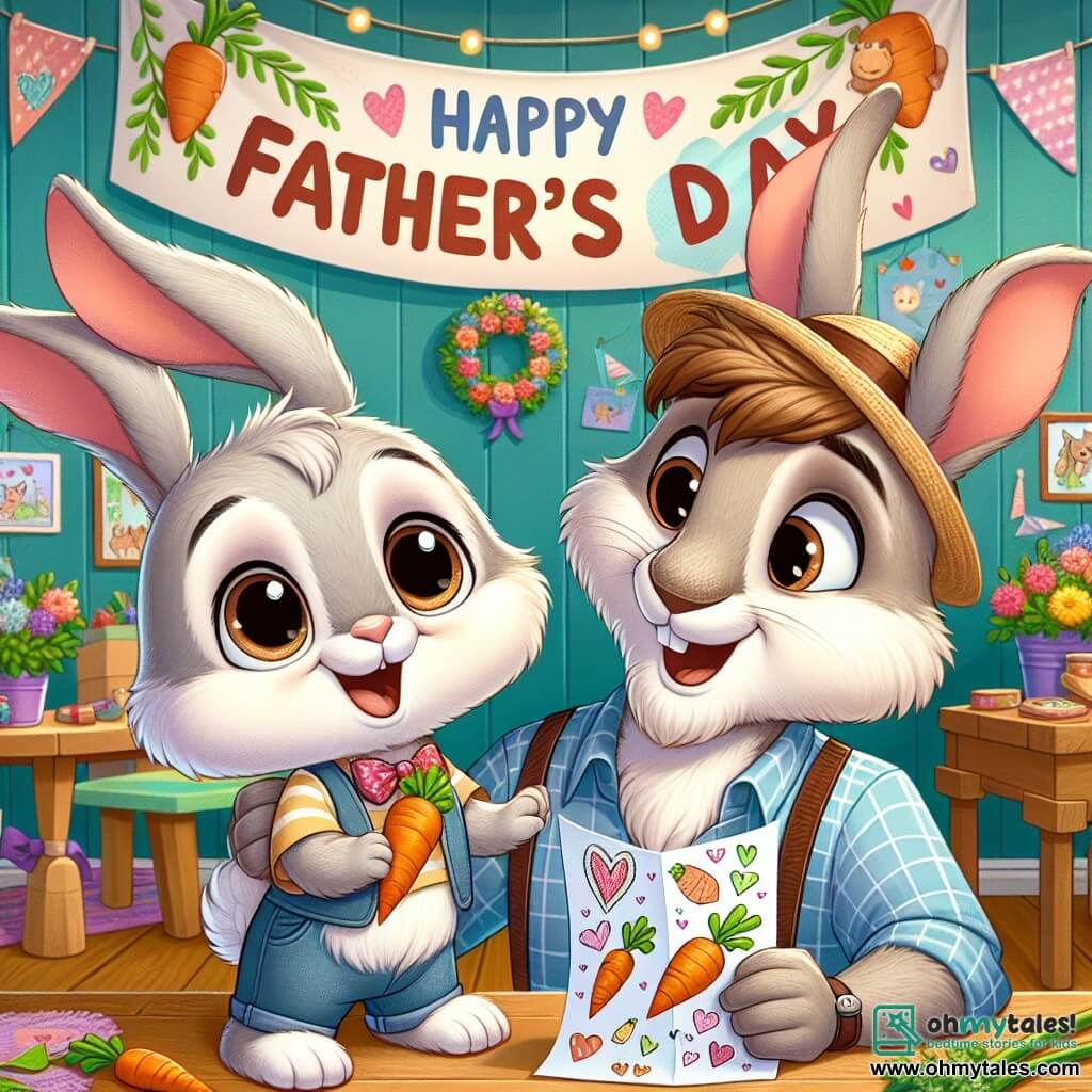 A little rabbit named Benny, with soft, silky light gray fur, large expressive ears, and sparkling joyful eyes, stands on his hind legs holding a letter decorated with drawings of carrots and hearts. He has a wide smile, radiating excitement and love. Next to him, his dad, a big brown rabbit with thick fur and warm eyes, is crouched down, looking emotional and proud as he reads the letter Benny wrote. He wears a plaid shirt and a straw hat, adding charm to his appearance. The scene takes place in a bright classroom adorned with colorful garlands and a large "Happy Father's Day" banner in cheerful letters. Drawings of animals and flowers decorate the walls, and wooden tables are filled with delicious snacks. Benny and his dad share a tender and joyful moment, surrounded by other children and their fathers, celebrating Father's Day together in a warm and festive atmosphere.