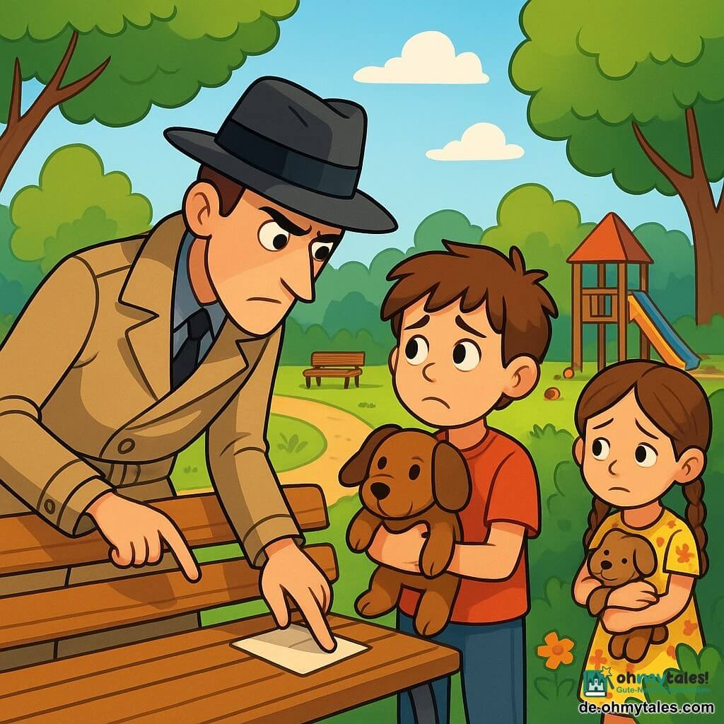Ein großer, schlanker Detektiv mit einem schwarzen Hut und einem beigen Trenchcoat beobachtet aufmerksam eine kleine Parkbank. Sein Gesicht ist konzentriert, mit zusammengezogenen Augenbrauen und neugierigen, glänzenden Augen. Neben ihm steht ein 8-jähriger Junge mit zerzausten braunen Haaren, der einen kleinen Plüschhund namens Murmel hält und besorgt, aber hoffnungsvoll aussieht. Ein weiteres Kind, ein 7-jähriges Mädchen mit Zöpfen und einem Blumenkleid, versteckt sich hinter einem Busch und hält Murmel in den Armen, mit einem entschuldigenden und schüchternen Ausdruck. Der Ort ist ein sonniger Park mit grünen Bäumen, Holzbänken und bunten Blumen entlang der Wege. Im Hintergrund sieht man eine kleine Spielhütte für Kinder, umgeben von verstreutem Spielzeug. Die Hauptsituation zeigt den Detektiv, der Hinweise an der Bank untersucht, während der Junge und das Mädchen sich Blicke zuwerfen, jeder Murmel haltend, der anscheinend verschwunden ist.