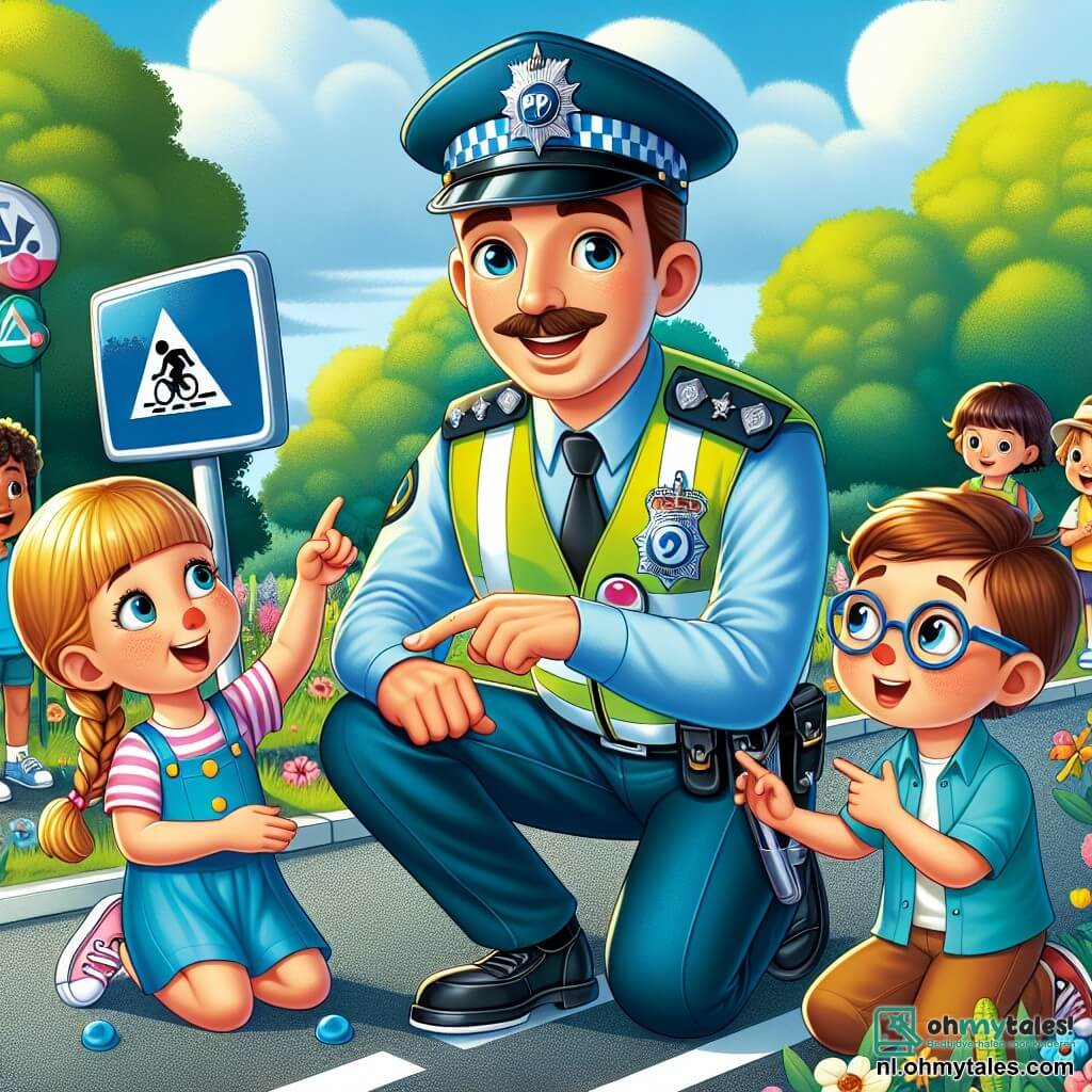 Een glimlachende politieagent, een man van rond de dertig met bruin haar en een snor, draagt een felblauw uniform en een grote glanzende badge op zijn borst. Hij zit op de grond, omringd door kinderen, en toont enthousiast een verkeersbord, zijn ogen stralend van vreugde. Mia, een 8-jarig meisje met blonde vlechten, steekt haar hand op met een grote glimlach en wijst naar een verkeersbord dat ze net heeft gevonden. Tom, een 7-jarig jongetje met een bril en kastanjebruin haar, houdt een fietshelm vast en kijkt bewonderend naar de politieagent, die naast Mia staat. De scène speelt zich af in een zonnig park, met weelderige groene bomen, kleurrijke bloemen en een stralende blauwe lucht. Op de achtergrond is een kleine groep ouders te zien die de scène gadeslaat, glimlachend en trots op hun kinderen. De hoofdsetting toont de politieagent die de kinderen het belang van verkeersveiligheid leert, terwijl ze samen deelnemen aan een vrolijke speurtocht naar veiligheidsobjecten.