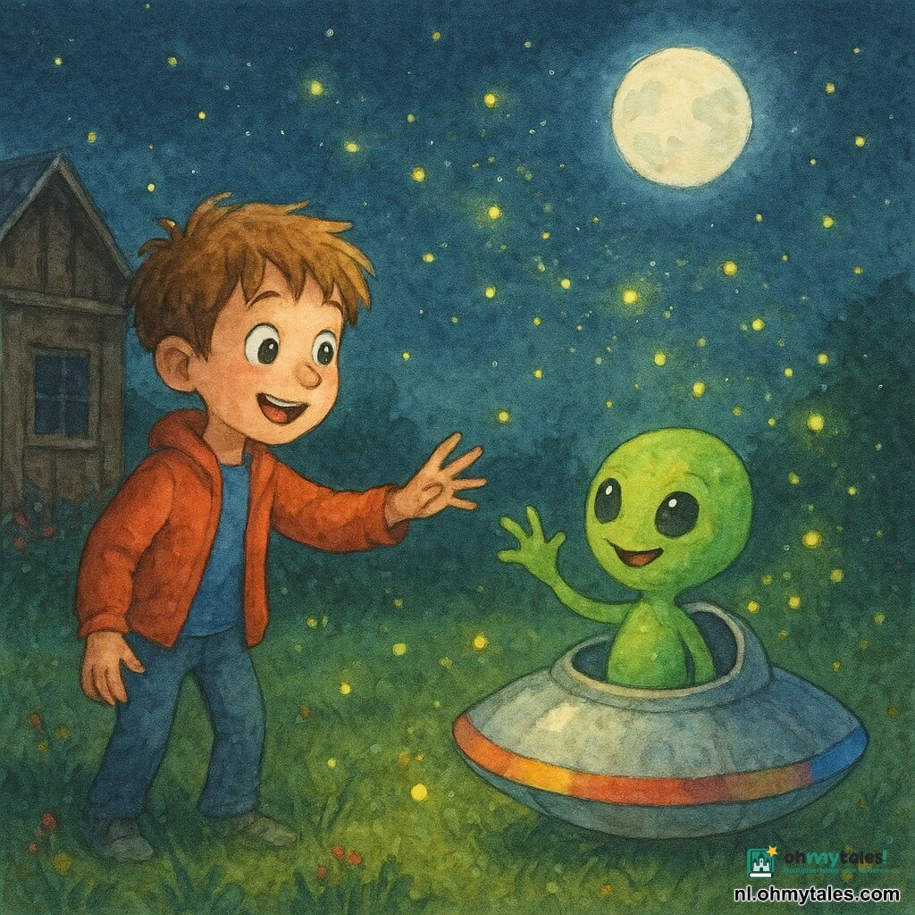 Een enthousiaste 8-jarige jongen met lichtbruin warrig haar, grote glanzende ogen, rode jas en spijkerbroek reikt naar een klein lichtgevend schip op het gras naast een houten hut; een rond, lief groen buitenaards wezentje met licht glinsterende huid, drie dunne vingers en brede nieuwsgierige glimlach stapt uit het schip bij de opening en kijkt vriendschappelijk naar de jongen, terwijl tientallen gele en groene glimwormen als zachte lichtpuntjes een pad naar de sterren vormen in een nachtelijke tuin met vochtige gazon, wilde bloemen, een oude houten hut links, een heldere volle maan en wat gekleurde slingers op het gras.