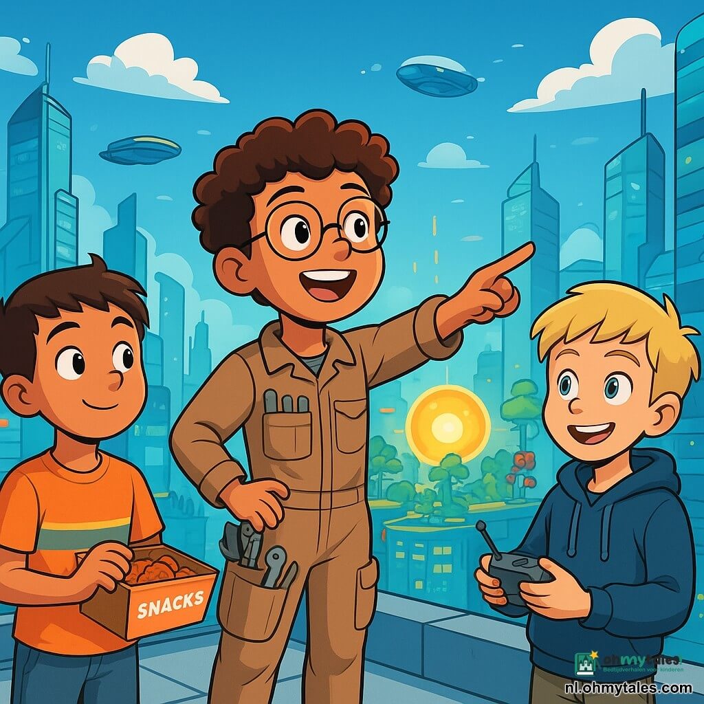 Er zijn 3 personages: - Jaro: een 10-jarig jongen met krullend haar en ronde bril. Hij draagt een uitvindersoverall met zakken vol gereedschap en staat in het midden, enthousiast naar de horizon kijkend. - Malik: een 10-jarig jongen met kort haar en een ondeugende glimlach. Hij draagt een kleurrijk t-shirt en een korte broek, en staat links van Jaro, met een doos snacks in zijn hand en nieuwsgierig kijkend. - Finn: een 10-jarig jongen met blond haar en sprankelende ogen. Hij draagt een hoodie en cargo-broek, en staat rechts van Jaro, met een kleine afstandsbediening voor zijn drone in zijn hand. De locatie is op het dak van een futuristisch gebouw, omringd door grote glinsterende torens en zwevende voertuigen. De lucht is helder blauw, met donzige wolken. In de verte is de grote Energiebol te zien, een stralende bol in het midden van de stad, omringd door hangende tuinen en kleurrijke robots die bezig zijn. De belangrijkste situatie toont de drie vrienden, opgewonden en vastberaden, die zich voorbereiden om op avontuur te gaan naar het hart van de stad. Jaro wijst in de richting van de Energiebol, terwijl Malik op een koekje knabbelt en Finn zijn drone afstelt, klaar om op te stijgen.