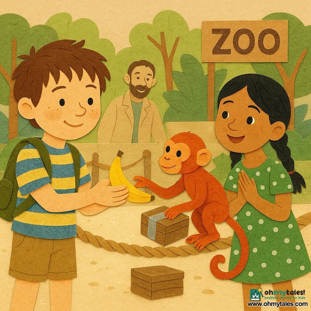 A 6-year-old boy with a round freckled face, messy brown hair, focused eyes and a gentle smile holds a banana with both hands toward a small monkey; he wears a blue-and-yellow striped T-shirt, khaki shorts and has a small magnifying glass on his backpack. Next to him stands Zara, about 6, with black hair in two braids, bright eyes and a mischievous expression, clapping softly in a green polka-dot dress. The monkey, Mango, small and lively with reddish fur and slender hands, takes the banana while offering a small wooden box wrapped with a strip of silver ribbon, perched on a low play rope at center stage. In the background Mr. Ben, a bearded man in his thirties wearing a beige jacket, smiles and tilts his head near a zoo sign. The colorful zoo setting features light sandy ground, braided rope play lines, wooden perches, cut-paper green plants, a small wooden chest on the sand, painted signs and blurred children in the distance; the scene conveys a warm, playful exchange labeled “stamp,” with soft light, crisp shadows and layered paper-like textures.