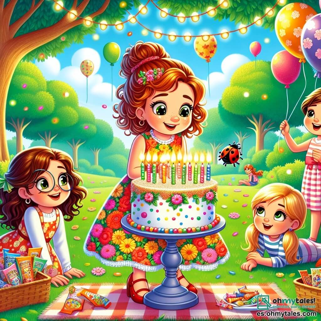Clara, una niña de 6 años con cabello rizado y ojos brillantes de alegría, lleva un vestido de flores coloridas y sonríe con asombro al mirar un gran pastel de cumpleaños decorado con velas brillantes. A su lado, su mamá, una mujer cálida de unos 30 años con cabello castaño recogido en un moño, sostiene una bandeja de dulces y sonríe con orgullo. Lucas, un niño de 6 años con cabello rubio y gafas redondas, exclama mientras sostiene una mariquita en su mano, de pie cerca de un árbol. El parque está lleno de grandes árboles verdes, globos de colores flotando en el cielo azul y un gran mantel a cuadros sobre la hierba. La escena principal muestra a Clara rodeada de sus amigos, todos listos para soplar las velas de su pastel de cumpleaños, con risas y rostros iluminados por la alegría.