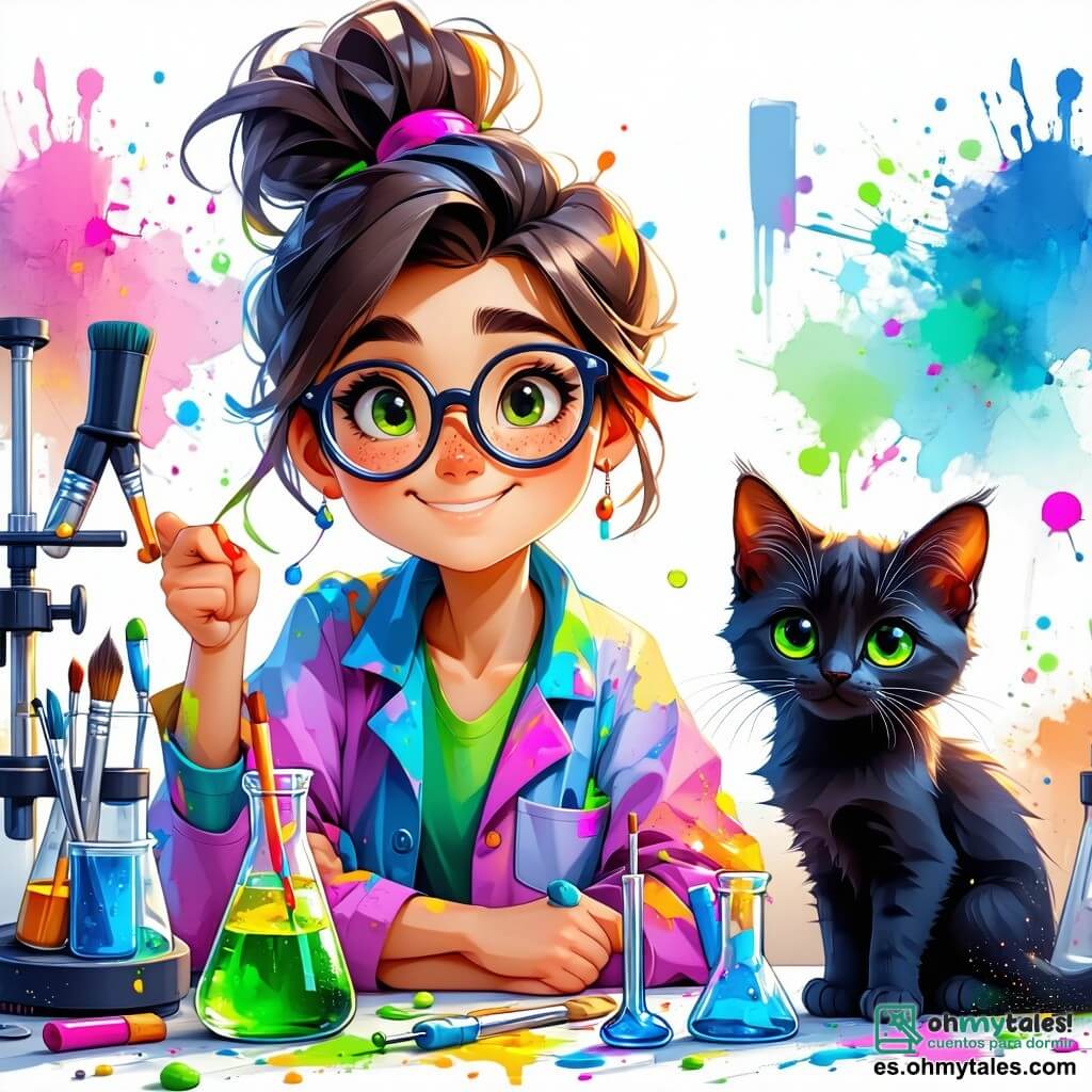 Valeria, una mujer de cabello despeinado y gafas redondas, está inmersa en sus pensamientos, con una sonrisa de emoción iluminando su rostro. Lleva una bata de laboratorio colorida, llena de manchas de pintura y pegamento, y está rodeada de diversas herramientas y gadgets en su laboratorio. A su lado, Sombra, su gato negro de ojos verdes brillantes, está sentado en la mesa, observando atentamente un esquema de la invención, mientras que Chispa, su perro travieso, un golden retriever de pelaje dorado, corre a su alrededor, moviendo la cola con entusiasmo. El laboratorio es un lugar mágico, lleno de libros antiguos, frascos de colores vivos y máquinas extrañas que parpadean y zumban, con ventanas que dejan entrar la luz del sol, iluminando el espacio de manera cálida. En esta escena, Valeria está perfeccionando su "Traductor de Pensamientos Animalísticos", un casco raro lleno de cables y sensores, mientras Sombra y Chispa parecen ansiosos por descubrir lo que la invención revelará.
