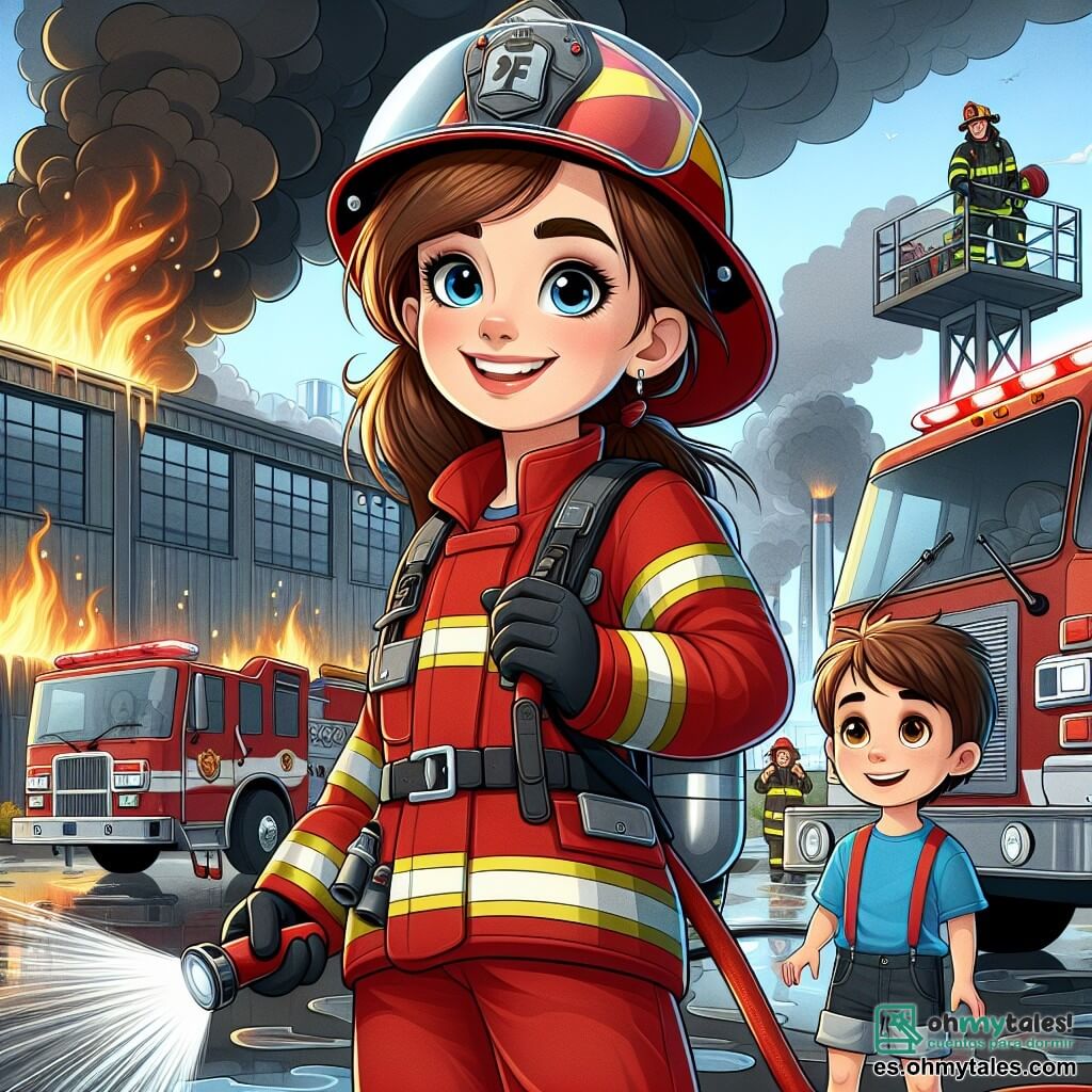 Una mujer bombera, Clara, se encuentra orgullosamente en primer plano, con una cálida sonrisa en su rostro, su cabello castaño recogido en una coleta. Lleva un traje de bombero rojo brillante, con un casco reluciente y guantes, mientras sostiene una gran manguera de incendios lista para usar. A su lado, un niño de 8 años, Diego, con los ojos muy abiertos y cabello castaño, la mira con admiración, fascinado por el mundo de los bomberos. Lleva una camiseta azul y un short, manteniéndose un poco atrás, pero con un aire curioso y entusiasta. Al fondo, una gran fábrica en llamas emite volutas de humo negro, mientras camiones de bomberos rojos brillantes están estacionados al lado, con otros bomberos trabajando alrededor. La escena transmite una atmósfera de urgencia pero también de camaradería, ilustrando el trabajo en equipo y el coraje ante el peligro.
