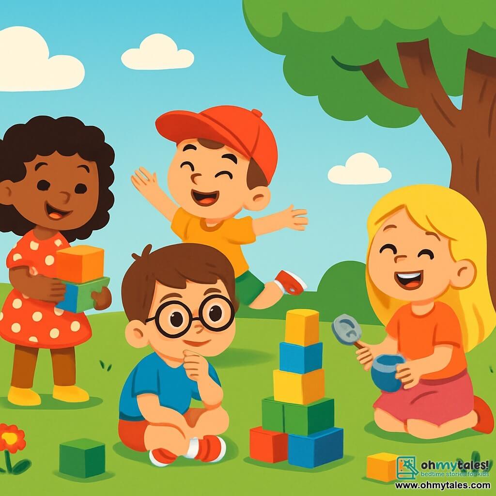 There are 4 children: Emma, a 7-year-old girl with curly hair in a polka dot red dress, standing and smiling while holding building blocks; Ben, an 8-year-old boy with big glasses in a blue t-shirt, sitting on the floor thinking about how to build a tower; Lily, a 6-year-old girl with long blonde hair in a pink skirt, next to Ben, laughing and holding small kitchen toys; and Max, a 7-year-old boy in a red cap and green shorts, spinning around energetically next to Emma. The scene takes place in a sunny park with a large leafy tree providing shade, surrounded by colorful flowers and a blue sky with white clouds. The ground is covered in soft green grass. The main situation shows the children playing together, building a tall tower with blocks while laughing and encouraging each other, illustrating gender equality and friendship.