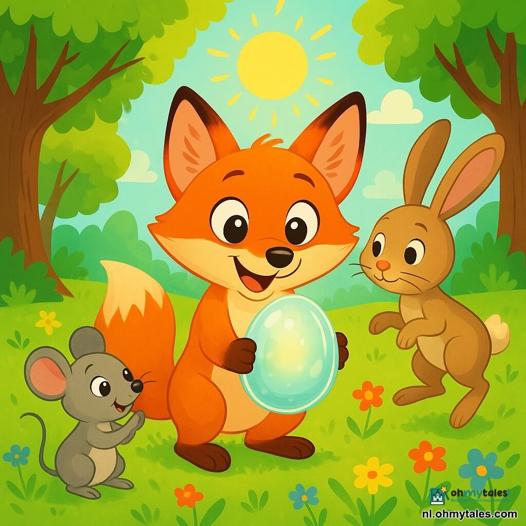 Een kleine vos met feloranje vacht en grote, sprankelende ogen staat in het midden van een zonnige open plek, met een transparant paasei dat glinstert in de zon. Hij heeft een verwonderde glimlach en zijn oren zijn rechtop, alsof hij een schat heeft ontdekt. Rechts van hem staat een grote haas met lange oren en lichtbruin vacht, die het ei nieuwsgierig observeert terwijl hij vrolijk springt, zijn achterpoten stevig in het groene gras. Links staat een kleine muis met ronde, glanzende ogen en een zachte grijze vacht, die opgewonden haar pootjes wrijft, klaar om naar het ei toe te gaan. De plek is een betoverende open plek, omringd door majestueuze bomen met stralend groene bladeren, bezaaid met kleurrijke bloemen die dansen in de wind. Zonne-stralen filteren door de takken en creëren lichte patronen op de grond. De hoofdscène toont de vos, de haas en de muis die samen rond het mysterieuze ei staan, gefascineerd door zijn schoonheid, klaar om het geheim te ontdekken. De sfeer is vrolijk en feestelijk, vol magie en verwondering.