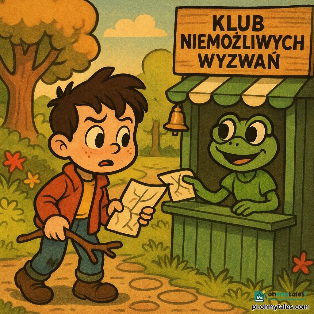 Sześciolatek z potarganymi brązowymi włosami, okrągłymi policzkami i piegami, wyrazistą, nieco zaniepokojoną lecz zdeterminowaną miną, trzyma zmiętą mapę w lewej ręce i patyczek w kształcie Y w prawej; ma krótką czerwoną kurtkę, wyblakłe niebieskie spodnie i zabłocone trzewiki, stoi lekko pochylony jak gotowy do drogi. Dorosła żaba Pani Żabcia o błyszczącej zielonej skórze, okrągłych okularach i figlarnym uśmiechu siedzi za małą zielono-białą budką, podaje chłopcu drugą mapę; na budce drewniana tablica z napisem KLUB NIEMOŻLIWYCH WYZWAŃ i mały dzwoneczek. Wokół kolorowy park z wielkimi liśćmi, kamienną ścieżką, jaskrawymi kwiatami i złotym późno popołudniowym światłem. Scena: chłopiec przed budką wybiera jedną z trzech ścieżek na mapie, waha się, ale się uśmiecha, Pani Żabcia patrzy zachęcająco. Styl graficzny: grube czarne kontury, nasycone kolory, gładkie faktury, przesadzone proporcje i płynne ruchy w stylu rubber-hose, ciepła, lekko komiczna atmosfera.