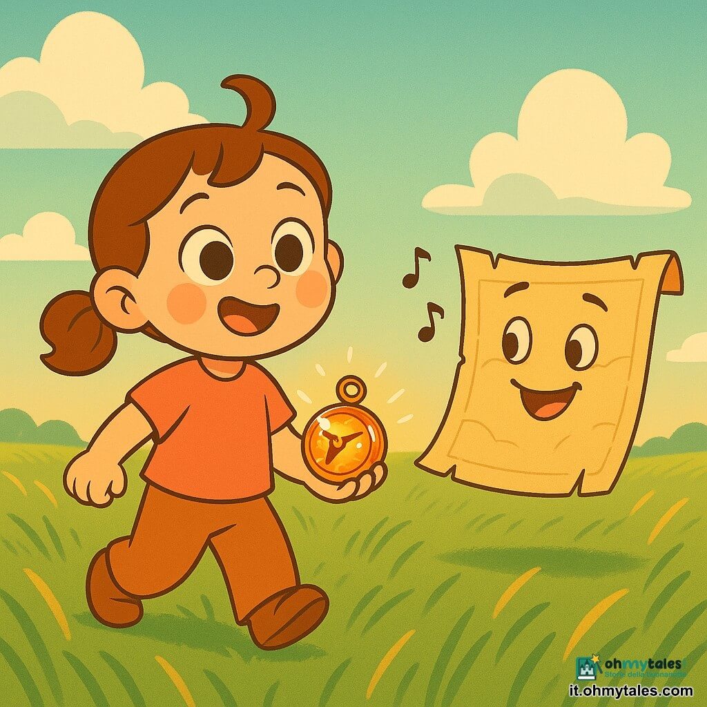Lina, bambina di 2 anni, sorridente e coraggiosa, occhi spalancati, guance rosa e capelli castani a ciocca, stringe una piccola bussola di zucchero brillante; la bussola ha un volto gioioso, aspetto caramellato e un anellino dorato che tintinna; una grande mappa-pergamena con occhi e bocca sorridenti fluttua davanti a lei emettendo note visive; il luogo è un campo d'erba verde come un oceano con fili dorati e nuvole a forma di barca su cielo blu pastello; Lina fa un passo fiducioso sull'erba mentre la bussola brilla nel suo palmo e la mappa canta, atmosfera avventurosa e luminosa, colori caldi e contrasti morbidi.
