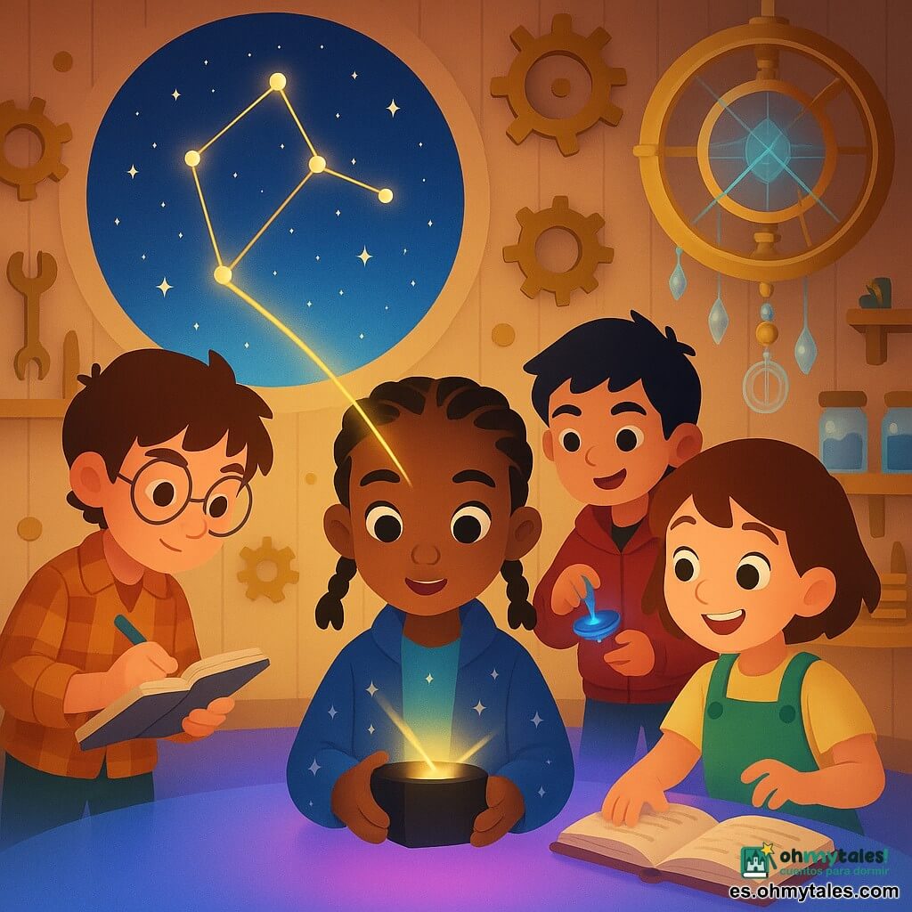 Cuatro niños colaboran en un taller secreto flotante en el cielo: Nia, 7 años, piel color caramelo y trenzas, con una chaqueta azul estrellada sostiene al frente una pequeña caja luminosa (Lector de Fotones) conectada al trompo magnético y a un cable dorado; Tomás, 8 años, pelo castaño alborotado y gafas redondas, a la izquierda ajusta una lamparita y toma notas; Zoe, 7 años, pelo corto castaño y sonrisa viva, con peto verde y manos manchadas de tinta, murmura palabras que aparecen como letras brillantes en un libro que se escribe solo; Bruno, 8 años, pelo negro y mirada traviesa, justo detrás hace girar su trompo que emite un halo vibrante; el taller tiene suelo de placas luminosas azul y púrpura, paredes de madera con engranajes y frascos de polvo estelar, y al fondo un astrolabio broncíneo con cristales proyecta cartas celestes holográficas; un rayo dorado sale del aparato hacia una constelación vista por la ventana circular, con estrellas parpadeantes, colores nítidos y expresiones de asombro y amistad.