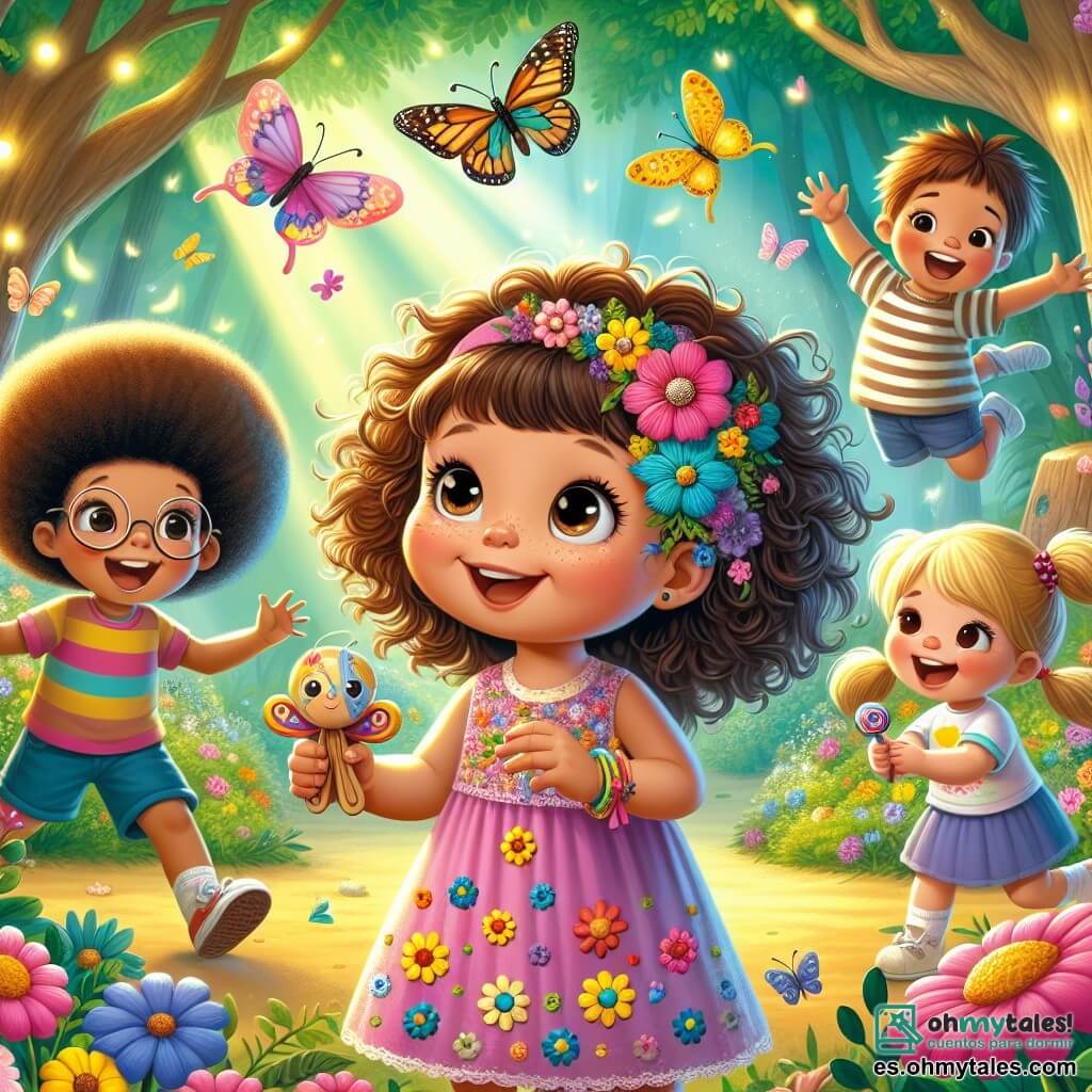 Una niña de 4 años, llamada Sofía, está en el centro de la imagen, con grandes ojos brillantes de curiosidad y una sonrisa radiante. Tiene el cabello rizado y castaño, vestida con un vestido colorido adornado con flores, y extiende la mano hacia una mariposa de alas brillantes que vuela justo frente a ella. A su lado, hay tres amigos: un niño de 5 años con cabello rubio y gafas redondas, riendo mientras sostiene un juguete de madera; una niña de 4 años con trenzas negras y un vestido rosa, sonriendo mientras comparte dulces; y otro niño de 6 años con cabello castaño y una camiseta a rayas, aplaudiendo con alegría. Todos están reunidos alrededor de Sofía, en un ambiente de felicidad y camaradería. La escena se desarrolla en un jardín mágico, lleno de flores coloridas y árboles anchos, con una luz suave que filtra a través de las hojas. La situación principal muestra a Sofía y sus amigos jugando juntos, compartiendo risas y juguetes, mientras la mariposa los observa, simbolizando el amor y la amistad.