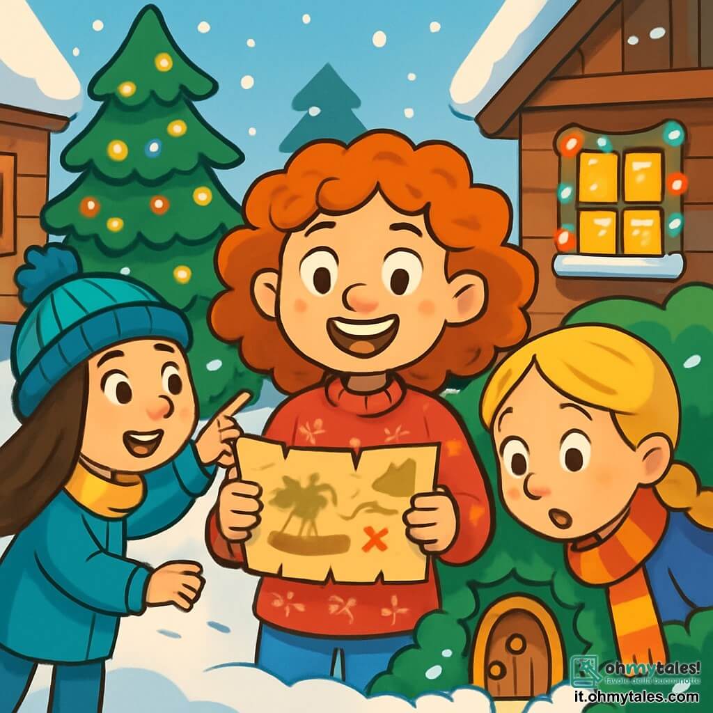 Ci sono 3 personaggi: Matilde, una ragazza di 8 anni con capelli rossi e ricci, indossa un maglione rosso con fiocchi di neve ed è al centro con un grande sorriso, mentre tiene una mappa del tesoro. Carla, una ragazza di 9 anni con capelli castani e lisci, indossa un berretto di lana blu ed è a sinistra di Matilde, indicando un albero decorato con luci scintillanti. Olivia, una ragazza di 8 anni con capelli biondi e trecce, indossa una sciarpa multicolore ed è a destra di Matilde, guardando con meraviglia una piccola porta magica nascosta dietro un cespuglio. La scena è ambientata in un villaggio innevato con case di legno dai tetti coperti di neve, luci colorate che brillano su ogni finestra e un grande albero di Natale decorato al centro della piazza, mentre fiocchi di neve cadono dolcemente, creando un’atmosfera incantevole. Le tre amiche scoprono una piccola porta magica, circondate da decorazioni natalizie brillanti, con espressioni di meraviglia e eccitazione sui volti.
