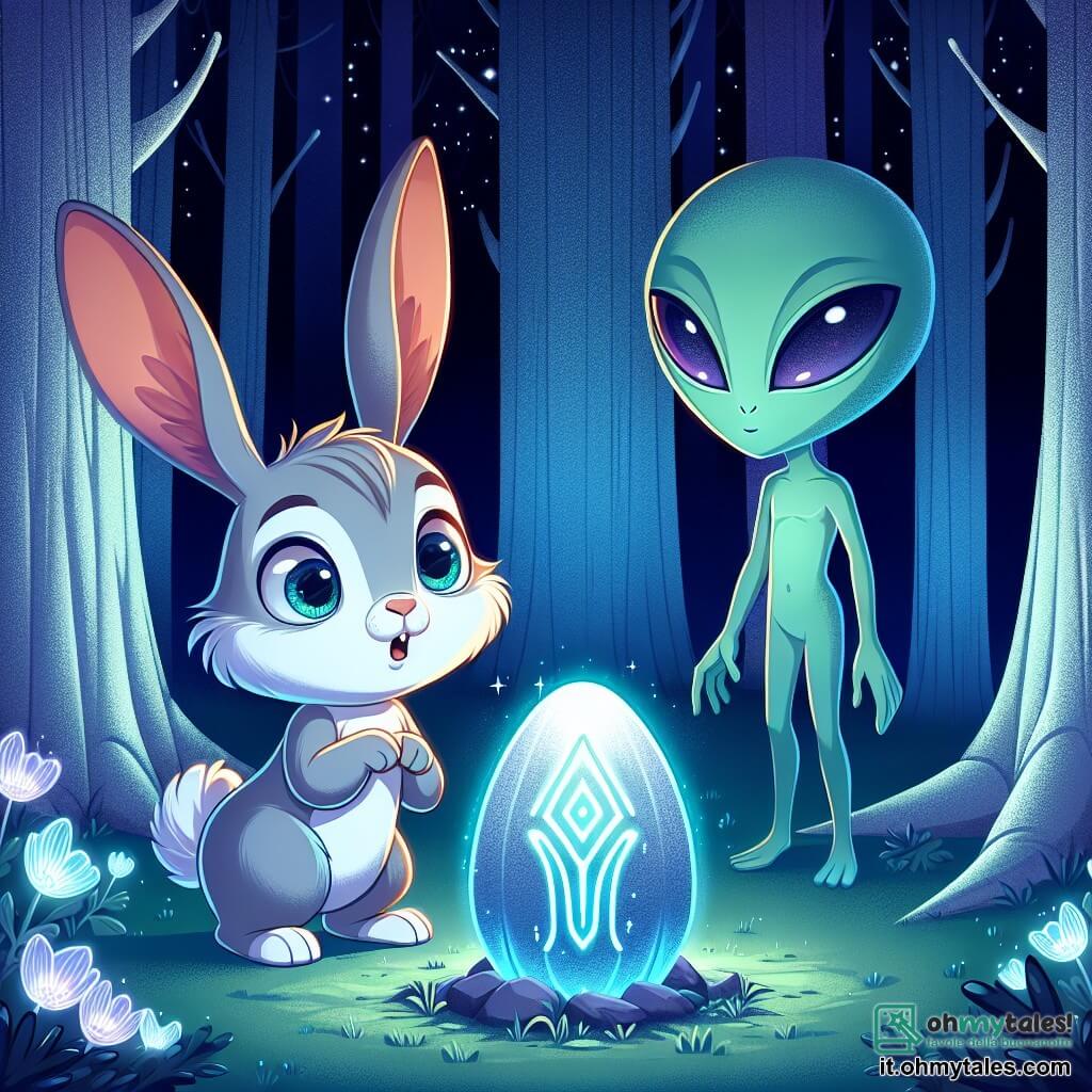 Un giovane coniglio dalle grandi orecchie e dal pelo morbido e setoso, con occhi brillanti di curiosità, si trova al centro della scena, guardando con meraviglia un oggetto misterioso che brilla intensamente. Sembra sia eccitato che un po' nervoso, con le zampe anteriori leggermente sollevate, pronto ad avvicinarsi. Alla sua destra, un extraterrestre alto e slanciato, con una pelle verde brillante e grandi occhi a mandorla, osserva il giovane coniglio con un sorriso benevolo. Il suo aspetto è amichevole e curioso, con le braccia aperte come per accogliere il coniglio nel suo mondo. Il contesto si svolge in una radura incantata, circondata da alberi dai tronchi argentati e fiori luminescenti che scintillano sotto la luce di un cielo stellato. Al centro, l'oggetto misterioso, una pietra brillante decorata con incisioni colorate, emette una dolce luce blu che illumina la scena. La situazione principale mostra il giovane coniglio e l'extraterrestre che si incontrano per la prima volta, un momento magico di scoperta e meraviglia, dove due mondi si incrociano in un'atmosfera di pace e amicizia.