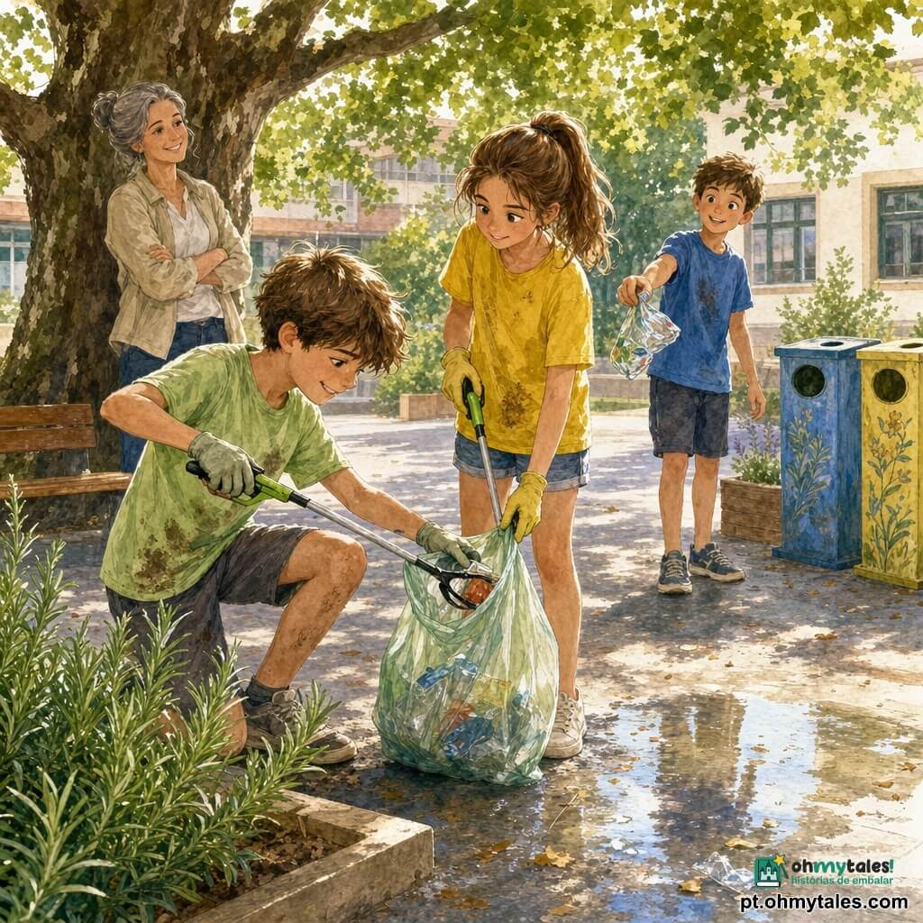 Tomás, menino de 12 anos, cabelos castanhos despenteados, camiseta verde clara com manchas de terra, ajoelhado colhendo um plástico com uma pinça; Leonor, menina de 12 anos, olhos vivos, rabo de cavalo castanho, roupa amarela, de pé ao lado, segura pinça e saco, olhar protetor; Miguel, menino de 12 anos, expressão travessa depois arrependida, camiseta azul e calção, oferecendo um saquinho amassado para jogar no saco de Tomás; a professora Cláudia, adulta, cabelos grisalhos presos, casaco claro, sorrindo e observando à sombra de um grande carvalho; pátio escolar pavimentado com árvore de tronco rugoso, canteiro de alecrim, duas lixeiras "papel" e "plástico", banco de madeira e uma pequena poça; ação principal: três crianças limpando o recreio com pinças e sacos, recolhendo papéis e tampas, atmosfera otimista e colaborativa; paleta aquarela suave: verdes, amarelos, marrons e toques de azul; composição: Tomás e Leonor em primeiro plano, Miguel em movimento no meio, professora e árvore ao fundo, foco nas mãos que seguram pinça e saco.