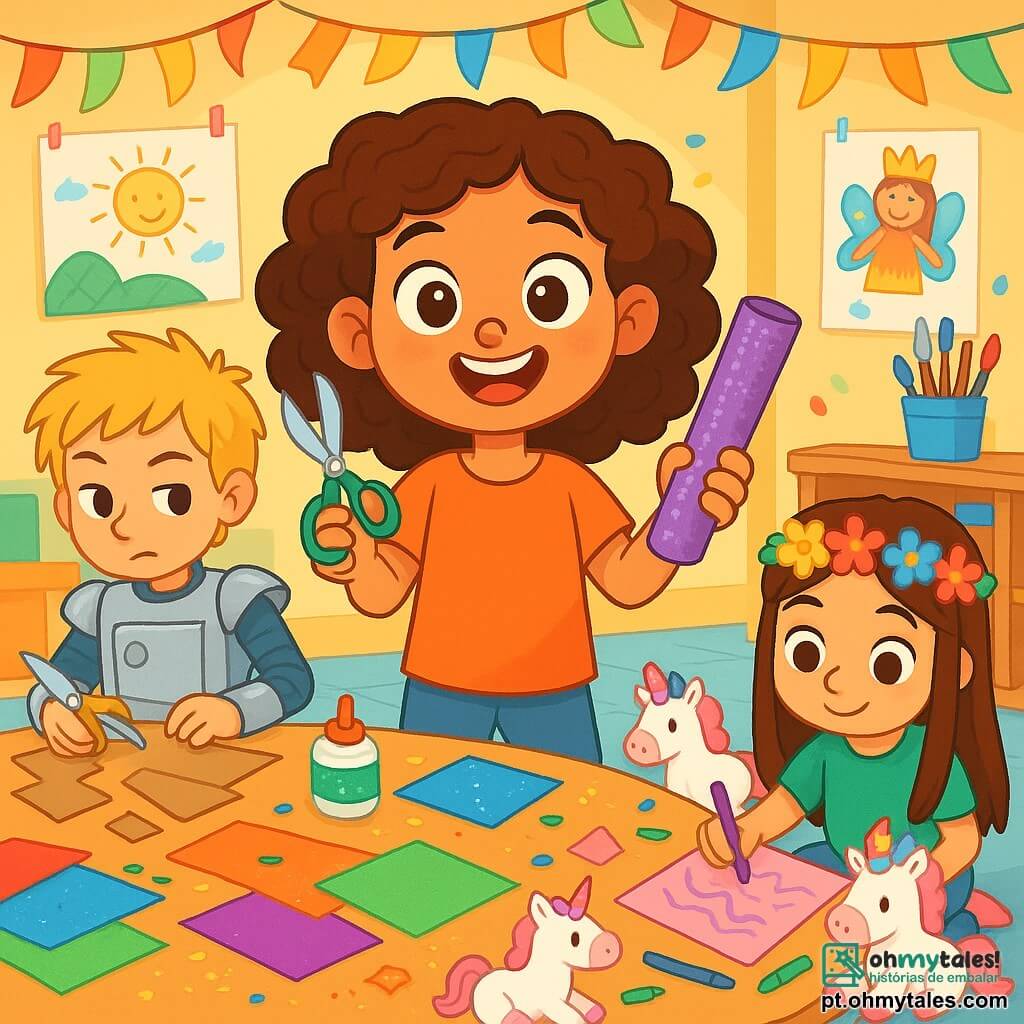 Uma menina de 8 anos, Lila, com cabelos cacheados e castanhos, e grandes olhos brilhantes de alegria, está em pé no centro da sala de arte, cercada de papéis coloridos e brilhos. Ela sorri entusiasticamente, segurando uma tesoura e um rolo de papel brilhante. Ao lado dela, Tico, um menino de 8 anos com cabelos loiros e bagunçados, usa uma fantasia prateada de robô e está cortando formas de papelão com uma expressão concentrada. Sofia, uma menina de 8 anos com cabelos longos e lisos e uma coroa de flores coloridas, está sentada no chão, cercada por bichinhos de pelúcia de unicórnios, desenhando padrões para sua fantasia. A sala de arte está cheia de cores vibrantes: paredes decoradas com desenhos infantis, mesas cobertas de materiais artísticos e guirlandas de papel penduradas no teto. A cena principal mostra Lila e seus amigos preparando suas fantasias para o carnaval, cercados de materiais criativos, rindo e compartilhando ideias, prontos para criar obras de arte únicas e divertidas.