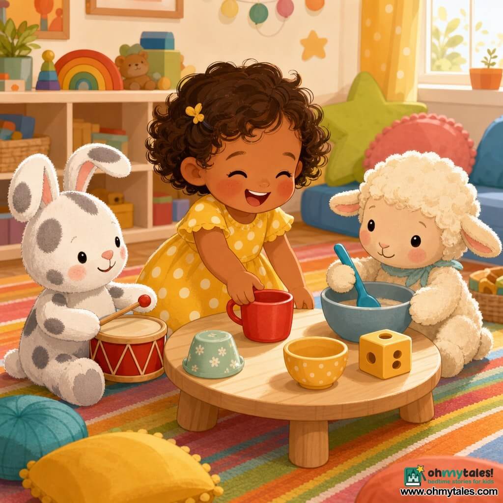 A happy, mischievous 2-year-old girl with short curly hair, a yellow polka-dot dress, rosy cheeks and laughing eyes smiles broadly as she offers a red cup toward a small round light-wood table; to her left sits Ben the plush rabbit (white with gray spots) tapping a small red drum, and to her right Lola the plush lamb (soft cream wool) stirs a large bowl with a blue spoon as if making tea; the bright playroom has a striped colorful rug, low toy-filled shelves, soft cushions and warm light; imaginary three-person tea party with the red cup centered and improvised "cups" (hat, bowl, hollow block), tender gestures, close intimate composition, vivid pastel palette, clean lines and simple shapes suited to toddlers.