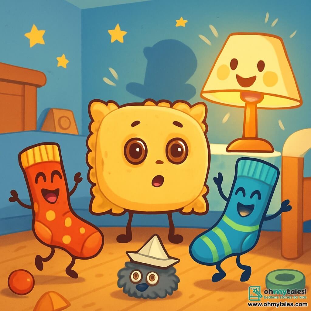 A smiling cushion with shiny button eyes and a fluffy face stands in the center of the scene, looking curious and a bit surprised. It is surrounded by dancing socks, one red and one blue, joyfully jumping with bright smiles and colorful patterns adding life to the image. Next to it, a lamp with a cloud-shaped lampshade emits a soft, warm light, displaying a playful expression while preparing a shadow show. Under the bed, a small dust bunny wearing a paper hat and sparkling eyes watches excitedly, ready for an adventure. The scene takes place in a cozy children's room with pastel blue walls, toys scattered on the floor, and shining stars stuck to the ceiling. Together, the cushion, socks, lamp, and dust bunny gather for a nighttime party full of laughter and dance, creating a magical and joyful atmosphere.