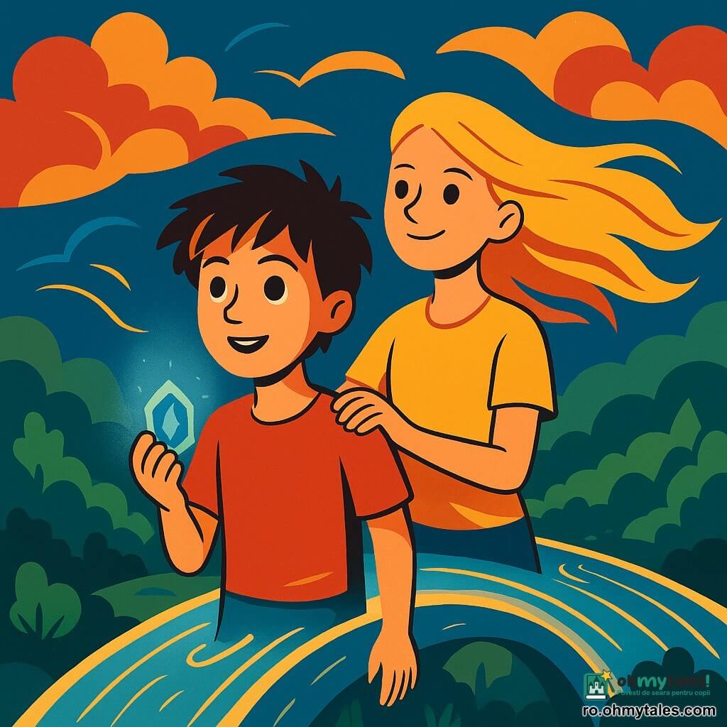 Un băiat de 10 ani, pe nume Luca, cu părul brun ciufulit și ochii sclipitori de curiozitate, ține în mână o piatră albastră luminoasă, cu fața luminată de o combinație de uimire și determinare. Alături de el, o fată de 10 ani, Mara, cu părul blond ca spicele de grâu și un zâmbet încrezător, privește spre orizont, cu o mână pe umărul lui Luca. Ei stau pe un pod magic făcut din lumină și promisiuni, care se întinde deasupra unei păduri verzi și misterioase, scăldată de lumina blândă a amurgului. Scena principală îi arată pe Luca și Mara în centrul podului, înconjurați de un cer presărat cu nori de forme fantastice, în timp ce vântul pare să danseze în jurul lor, ridicându-le ușor părul și hainele.