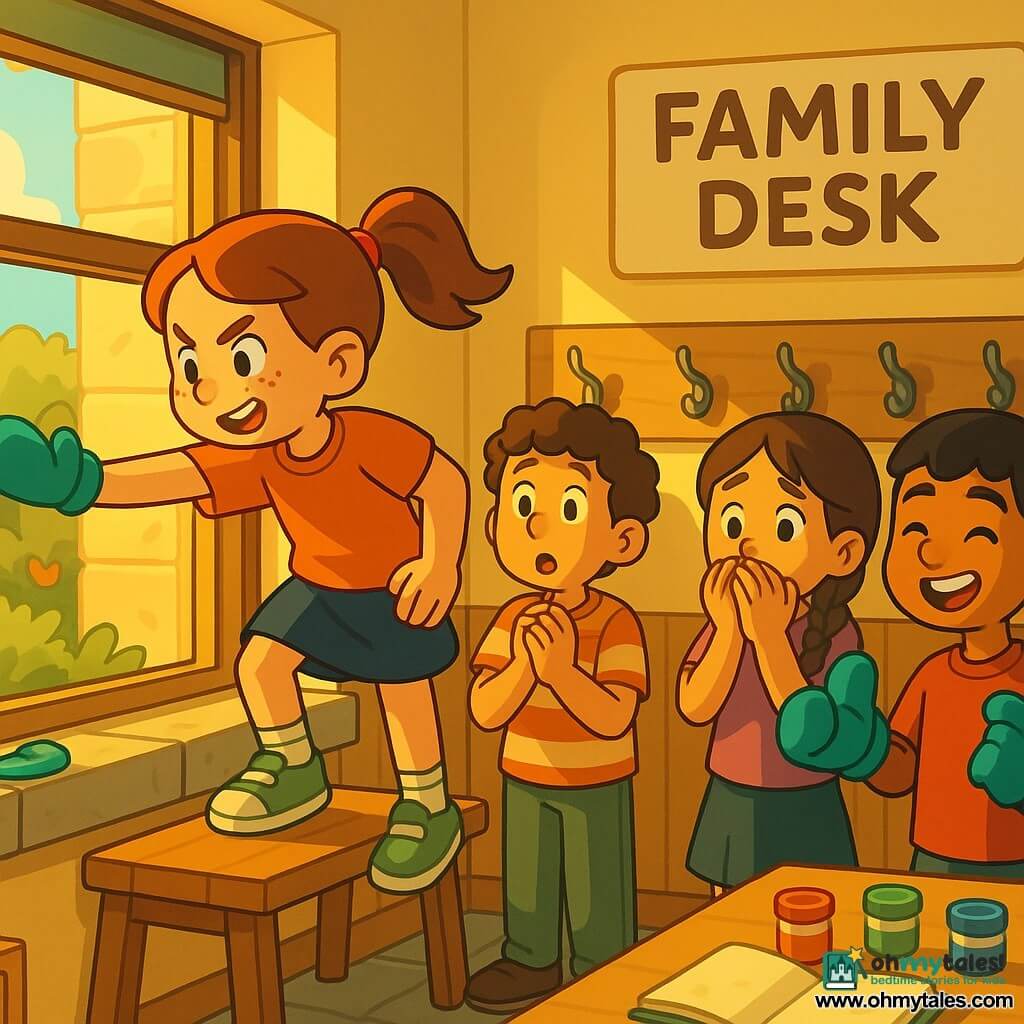 A lively morning scene at a warm, colorful coworking space called "Family Desk": 10-year-old Mia, round-faced with freckles and chestnut hair in a ponytail, stands on a wooden bench, determined and joyful with furrowed brows, reaching for a teal mitten on the exterior windowsill; behind her inside, relieved and amazed 7-year-old Sam with curly hair clasps his hands, and 9-year-old Zoe with long braided hair covers her mouth, guilty but relieved, while outside in the small garden seen through the window, 9-year-old Arjun, brown-skinned with short black hair, smiles holding the matching mitten he found; pale yellow walls, low shelves of picture books, a coat panel with hooks, an art table with paint pots, large stone windowsill, bright sunny morning, vivid colors, soft shadows, warm collaborative expressions.