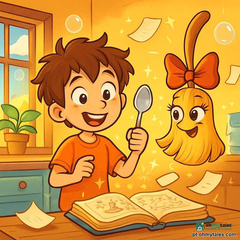 Um garoto de 10 anos, Tomás, com cabelos bagunçados e olhos brilhantes de curiosidade, está no centro da cena, segurando uma colher brilhante como se tivesse descoberto um tesouro. Seu rosto está iluminado por um grande sorriso, misturando surpresa e diversão. Ao lado dele, uma vassoura animada, chamada Vassourilda, com um bonito laço vermelho e cílios de cerâmica, flutua levemente acima do chão, exibindo uma expressão travessa, pronta para fazer brincadeiras. O cenário é uma cozinha acolhedora, cheia de cores vivas: paredes amarelas, prateleiras de madeira carregadas de potes de geleia e uma janela que deixa entrar a luz do sol, iluminando bolhas de sabão flutuantes no ar. Na mesa, um livro antigo aberto, com páginas amareladas, revela ilustrações de feitiços mágicos. A cena principal mostra Tomás e Vassourilda preparando um feitiço de magia doméstica, cercados por pequenas faíscas luminosas e folhas de papel que voam ao redor deles, enquanto uma planta verde, curiosa, se estica em direção ao sol pela janela.
