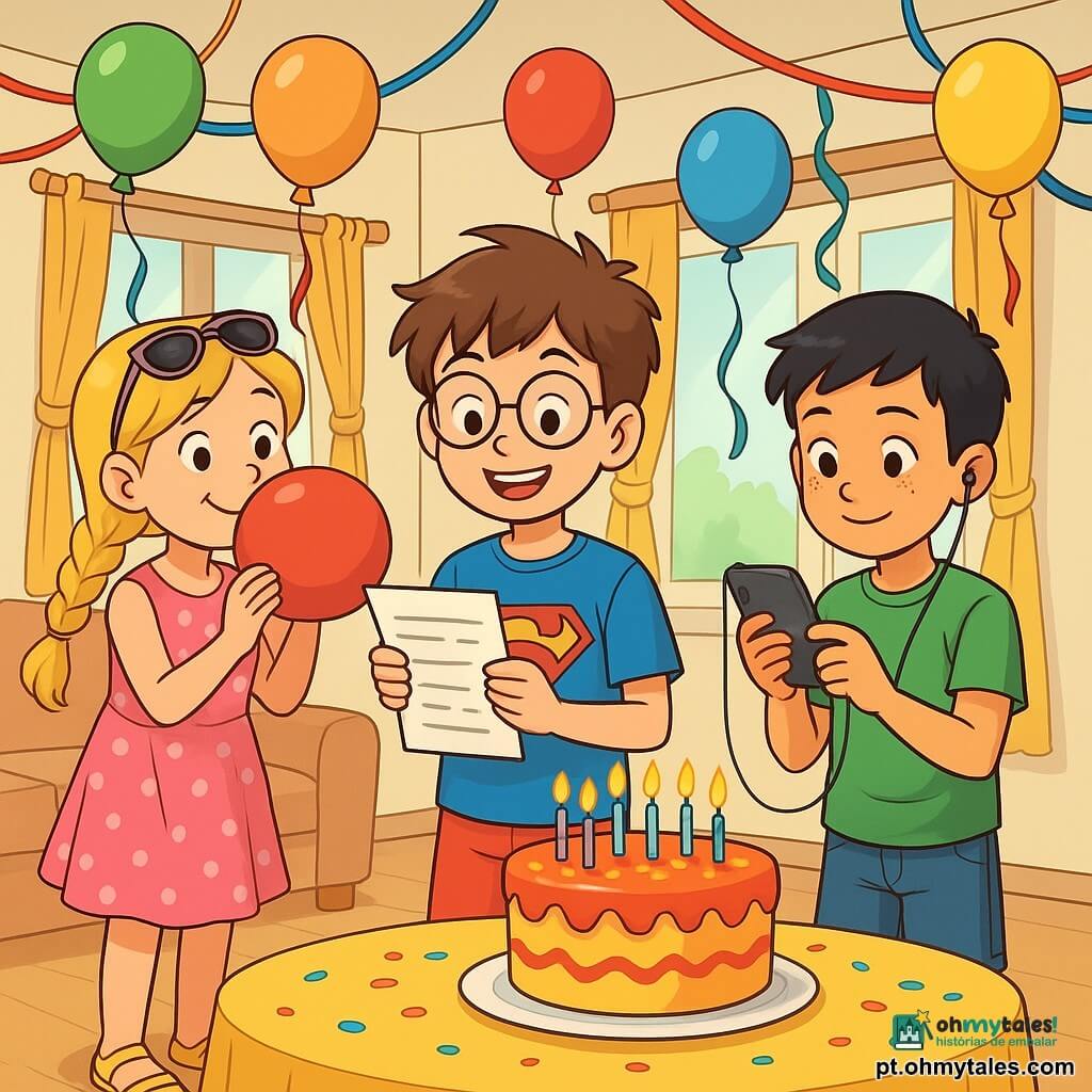 Há 3 personagens: - João: um garoto de 10 anos, com cabelos castanhos bagunçados e óculos redondos. Ele usa uma camiseta azul com um desenho de super-herói e um short vermelho. Ele está no centro, sorrindo, segurando uma lista de preparativos para seu aniversário. - Ana: uma menina de 10 anos, com longos cabelos loiros trançados e óculos de sol na cabeça. Ela usa um vestido rosa com bolinhas e sandálias amarelas. Ela está à esquerda de João, inflando um balão vermelho com um grande sorriso. - Miguel: um garoto de 10 anos, com cabelos negros curtos e sardas no rosto. Ele usa uma camiseta verde e um short jeans. Ele está à direita de João, segurando um telefone com fones de ouvido, pronto para escolher músicas para a festa. O local é uma sala de estar iluminada, decorada com balões coloridos flutuando no teto, serpentinas penduradas nas paredes e uma grande mesa ao centro, adornada com um lindo bolo de aniversário com velas brilhantes. Raios de sol filtram pelas janelas, iluminando o ambiente com uma luz alegre. A situação principal mostra João, Ana e Miguel se preparando para a festa de aniversário de João, cercados por decorações festivas, com risadas e uma atmosfera alegre. Ana está inflando balões, enquanto Miguel escolhe músicas, e João, entusiasmado, verifica a lista de preparativos.