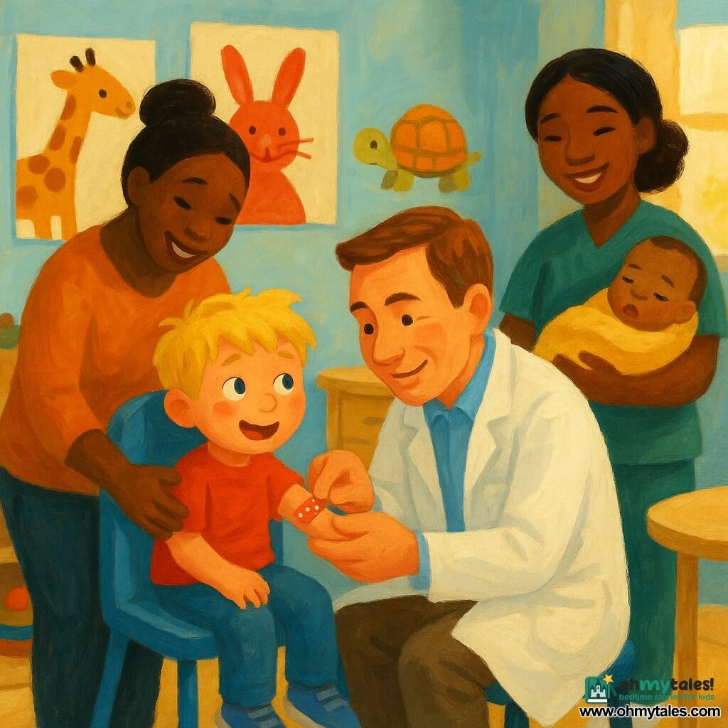 A smiling, kind male doctor in his forties with short brown hair and a clean white coat kneels to place a small red bandage with white polka dots on the arm of a roughly five-year-old blond, tousled-haired boy who sits on a blue chair to the doctor's left, extending his arm and laughing shyly; the boy's relieved mother in her thirties with tied-back black hair stands behind holding his hand, and a sleepy nine-month-old boy wrapped in a yellow blanket is cradled by a smiling nurse to the doctor's right; the scene is a small welcoming clinic with pale blue walls, colorful animal posters, a wooden shelf with toys, a round exam table and soft window light, conveying warmth and calm with visible acrylic paint texture and gentle brushstrokes.