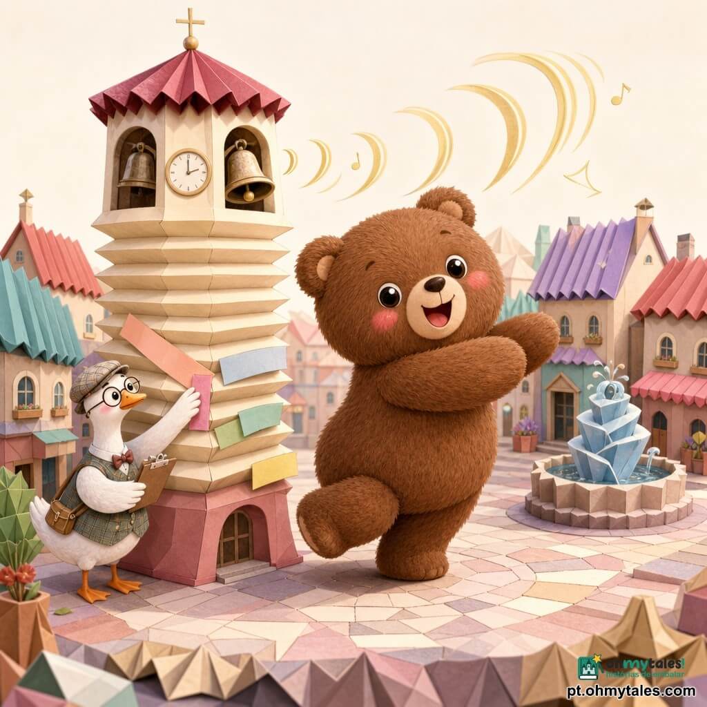 Um grande urso de pelúcia marrom sorrindo, olhos redondos brilhantes, bochechas rosadas e pelo macio, girando levemente no centro da praça com postura alegre; à esquerda, um ganso vestido com óculos redondos e uma pequena prancheta, preocupado mas encorajador, colando uma tira de papel colorida numa grande torre‑sino estilo sanfona creme e bordô que se abre e solta ondas sonoras douradas “DONG”; praça compacta e “dobrada” com casas pastel de telhados dobrados, vielas vincadas, fonte em fita e paralelepípedos texturizados; atmosfera louca e absurda, cores vivas porém suaves, traços simples e arredondados, composição centrada e luz suave da manhã.