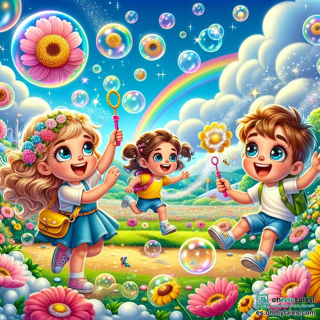 En un campo de ensueño lleno de flores coloridas, tres amigos se reúnen. Lía, una niña de cinco años con cabello dorado y rizos alegres, sonríe mientras sostiene una burbuja brillante en su mano. A su lado, Tomás, un niño de cinco años con ojos chispeantes como estrellas, salta entusiasmado dentro de una burbuja amarilla que flota en el aire. Valentina, una pequeña de cinco años con trenza y una mochila colorida, ríe mientras intenta atrapar una burbuja rosa que se escapa. El lugar es un reino mágico donde las flores hablan y bailan, con pétalos brillantes bajo un cielo azul radiante. Nubes de algodón flotan sobre ellos y arcoíris se dibujan en el horizonte, añadiendo un toque de magia al entorno. La escena principal muestra a los niños corriendo tras las burbujas, riendo y divirtiéndose, mientras una flor rosa cuenta una historia divertida. El aire está lleno de alegría y colores, reflejando el espíritu de aventura y amistad que los une.