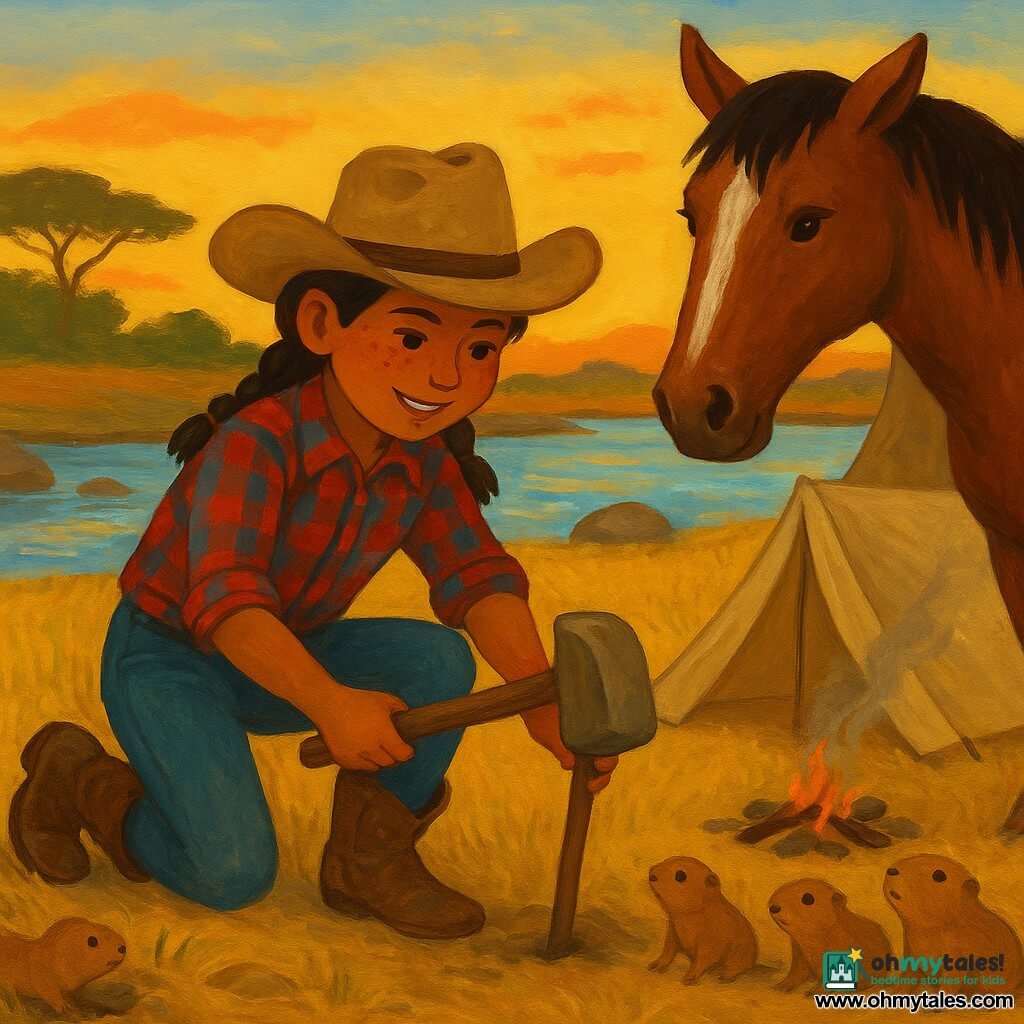 Clara Belle, a smiling determined cowgirl with a sun-freckled face, beige leather hat, red-and-blue plaid shirt and dusty boots, kneels using a flat rock as a hammer to stake a beige tent; Dusty, her large gentle brown spotted horse, stands protectively behind her while four curious fawn-colored prairie dogs emerge from burrows nearby; setting: golden riverside at sunset with waving blond grass, smooth rocks, a smoking campfire and acacia silhouettes, warm cooperative atmosphere with evening light and fine dust in the air.