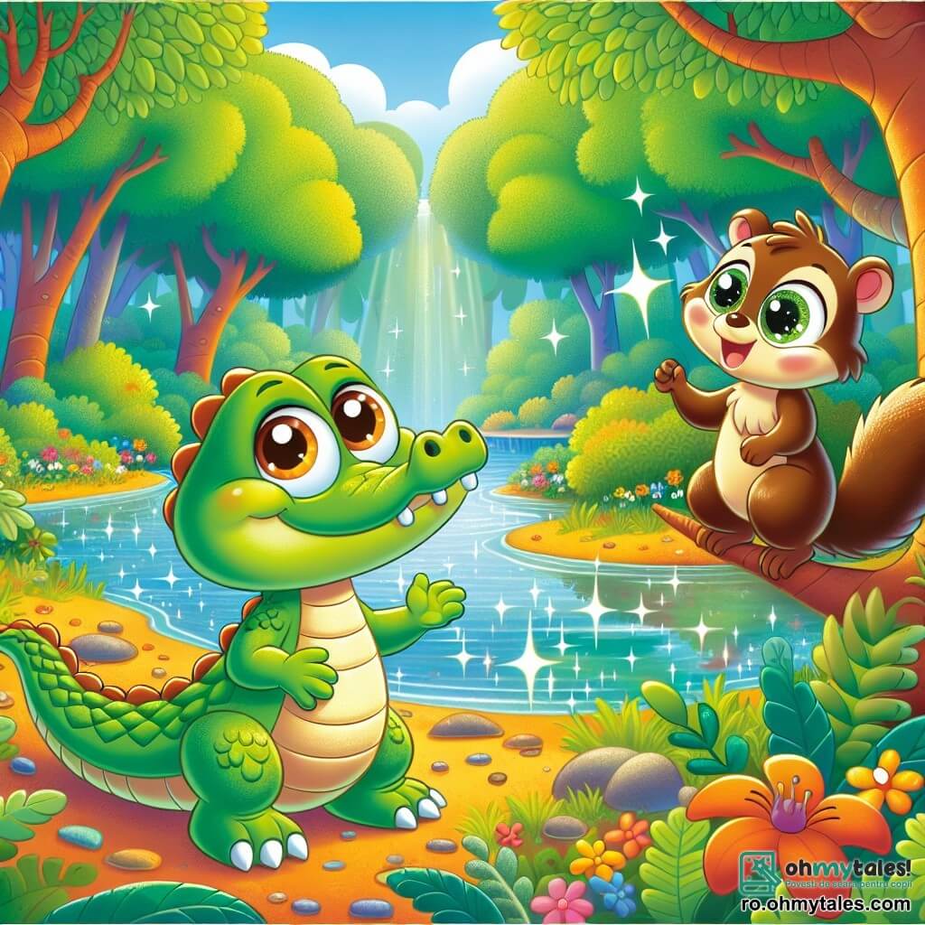 Un crocodil pe nume Coco, mic și cu un zâmbet cald, stă pe marginea unui pârâu strălucitor, solzii săi verzi strălucesc sub soare. Ochii săi mari și rotunzi exprimă entuziasm și determinare în timp ce privește spre orizont, pregătit pentru aventură. Lângă el, o veveriță jucăușă pe nume Zizi, cu blana brună și ochi sclipitori, se cațără pe o ramură de copac, încurajându-l cu entuziasm. În fundal, o pădure densă și colorată se întinde, cu copaci cu frunze strălucitoare de verde și flori de culori vii. Coco, crocodilul curios, este pregătit să caute un tezaur magic, în timp ce Zizi îl încurajează să-și depășească temerile și să exploreze lumea din jur.