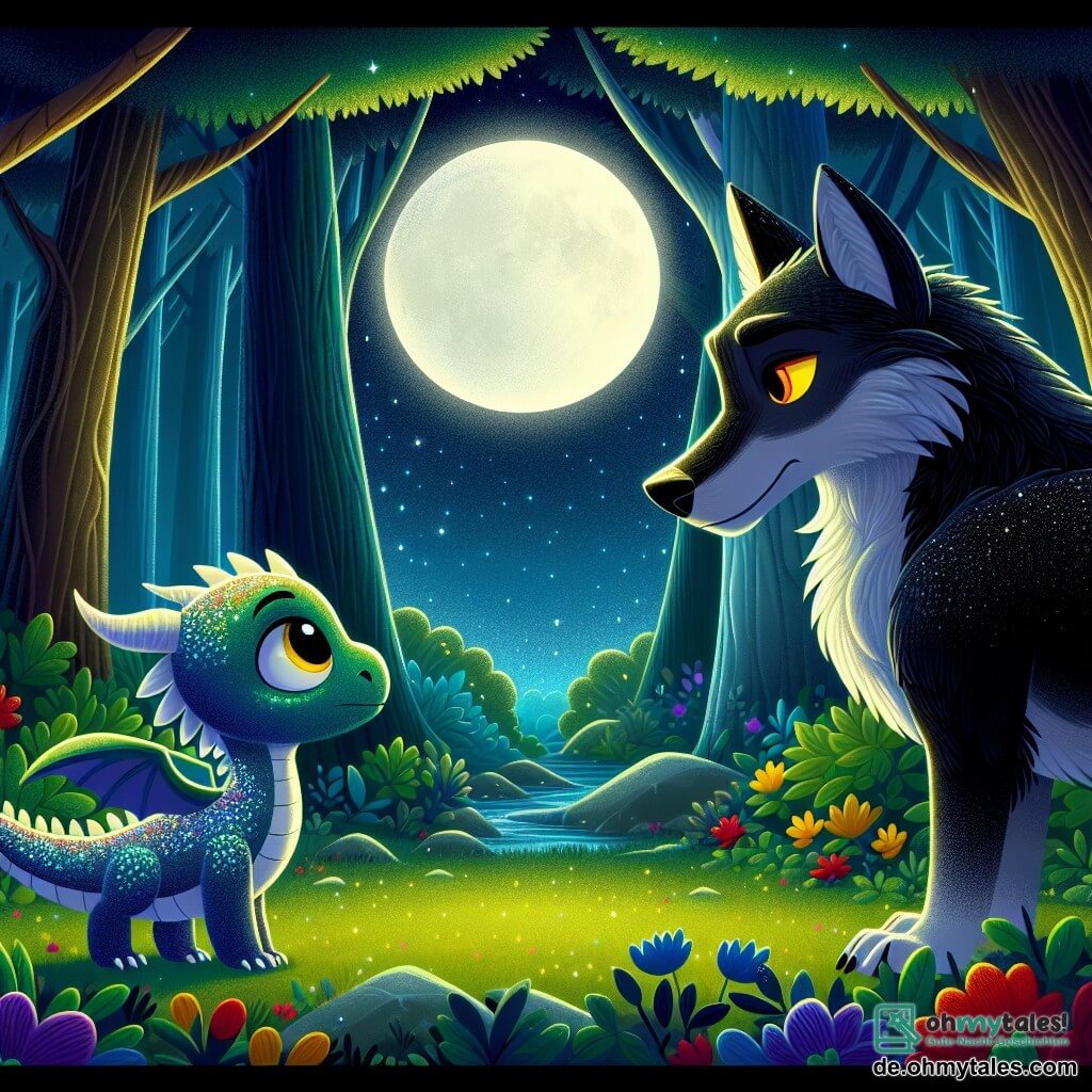 Ein junger Drache namens Fynn, mit schimmernden silbernen Schuppen im Mondlicht, steht mutig auf einer grünen Lichtung. Seine großen, leuchtenden Augen drücken Neugier und Staunen aus, während er den großen bösen Wolf betrachtet. Der große böse Wolf, mit seinem nachtschwarzen Fell und durchdringenden gelben Augen, steht majestätisch einige Schritte von Fynn entfernt und zeigt einen Ausdruck von Traurigkeit und Weisheit. Er ist leicht gebeugt, als ob er bereit wäre, seine Geschichten zu teilen. Die Lichtung ist von großen, knorrigen Bäumen umgeben, deren Blätter im Mondlicht leuchtend grün strahlen. Bunte Blumen bedecken den Boden und verleihen der nächtlichen Atmosphäre einen Hauch von Magie. Die Hauptsituation zeigt Fynn und den Wolf in einem tiefen und aufrichtigen Gespräch, während das Mondlicht ihr unerwartetes Treffen beleuchtet und die Entdeckung und das Verständnis zwischen zwei Welten symbolisiert.