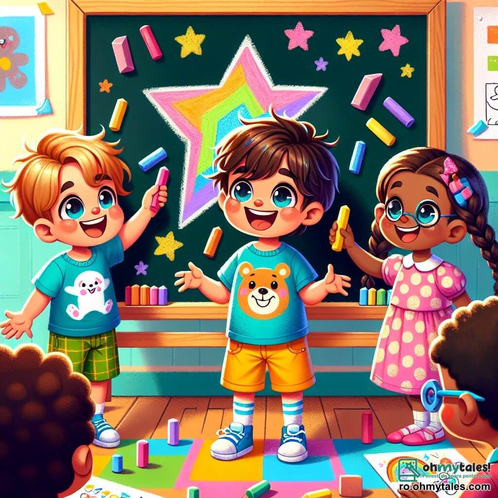 Un băiat de 6 ani, Luca, cu părul castaniu și ochi mari și curioși, privește cu uimire o stea colorată desenată pe o tablă. Poartă un tricou albastru cu un urs zâmbitor și o pereche de pantaloni scurți galbeni, iar fața lui exprimă bucurie și entuziasm. Lângă el, Maria, o fetiță de 6 ani cu părul lung împletit și o rochie roz cu buline, zâmbește ținând o cretă colorată, pregătită să deseneze. Darius, un băiat de 6 ani cu ochelari și un tricou roșu cu dinozauri, se apleacă înainte, intrigat de desen. Scena se desfășoară într-o clasă luminoasă, cu pereți decorați cu desene de copii și birouri din lemn. Tabla este plină de culori vii, iar creioane și foi sunt împrăștiate pe mese. Luca, Maria și Darius sunt împreună în jurul tablei, pregătiți să deseneze și să împărtășească bucuria lor.