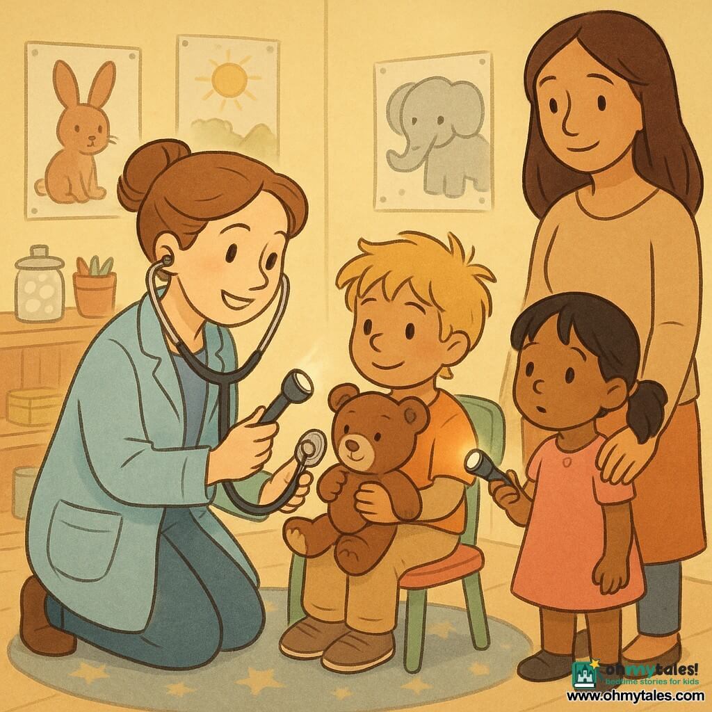 A kind, smiling female doctor (30–35) with light brown hair in a bun and a light blue coat kneels, holding a shiny metal stethoscope and gently examining a 5-year-old boy’s brown comfort toy with a small lighted instrument; the boy Ben, blond and tousled, sits to the doctor’s left on a colorful chair, shyly smiling and holding his toy. A 4-year-old girl, Emily, with black pigtails stands slightly behind Ben to the doctor’s right, holding her mother’s hand and looking at the light; the mother stands at the back with long brown hair, a simple outfit and a calming gaze, hand on Emily’s shoulder. The sunny consultation room has pale yellow pastel walls, children’s drawings and animal posters, a wooden shelf with cotton jars and a pencil pot, and a round star-patterned rug; the scene is warm, soft-colored, rounded, simple cartoon style with clear expressions and a large yellow star sticker being given to Ben.