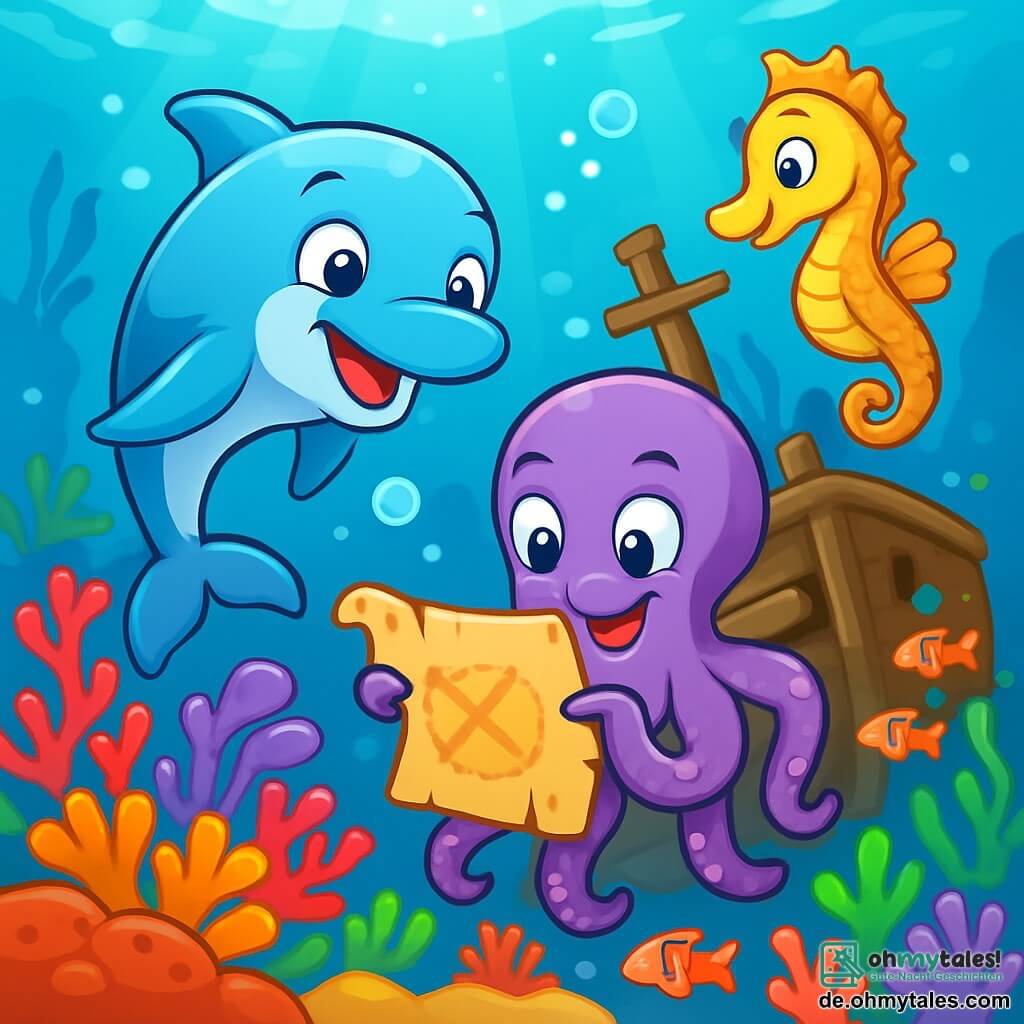 Ein kleiner Delfin namens Finn mit glatter, glänzender hellblauer Haut schwimmt fröhlich im kristallklaren Wasser des Ozeans, seine Augen funkeln vor Neugier und Aufregung. An seiner Seite beobachtet ein intelligenter Oktopus namens Otto mit lila Tentakeln und schelmischen Augen aufmerksam eine alte Schatzkarte, sein Gesichtsausdruck ist konzentriert und begeistert. Nicht weit von ihnen lächelt ein charmantes Seepferdchen namens Bella mit goldenen Schuppen und zarten Flossen voller Staunen, während es in der Nähe eines alten Schiffswracks schwebt, das mit bunten Korallen und tropischen Fischen geschmückt ist. Der Hintergrund zeigt eine lebendige Unterwasserlandschaft, gefüllt mit bunten Korallen, schimmernden Luftblasen und Lichtstrahlen, die durch die Wasseroberfläche filtern. Die Szene zeigt den Moment, in dem Finn und seine Freunde den versteckten Schatz im Wrack entdecken, voller Begeisterung und Freude.