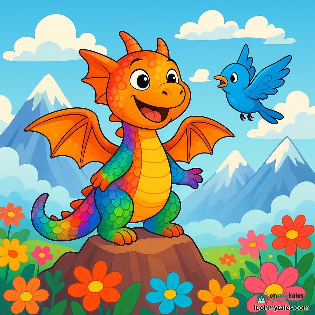 Un piccolo drago di nome Fiammettino, con squame brillanti di mille colori, si trova gioiosamente in cima a una montagna. I suoi occhi brillano di eccitazione e un ampio sorriso illumina il suo viso. Dispiegando le sue ali cangianti, è pronto a volare mentre ascolta attentamente il dolce mormorio delle montagne. Accanto a lui, un piccolo uccello blu vivace, con piume scintillanti, vola intorno a lui cantando allegramente. L'uccello sembra curioso e felice, le sue ali battono rapidamente mentre si avvicina a Fiammettino per condividere questa bella avventura. Il paesaggio è costituito da maestose montagne con cime innevate, avvolte in nuvole soffici e bianche. Ai piedi delle montagne, si estende una vasta pianura di fiori giganti dai colori vivaci, creando un contrasto incantevole con il paesaggio roccioso. La scena principale mostra Fiammettino e l'uccello intenti ad ascoltare attentamente il canto misterioso delle montagne, i loro volti illuminati dalla magia del momento, pronti a scoprire il segreto che restituirà la voce perduta del drago.