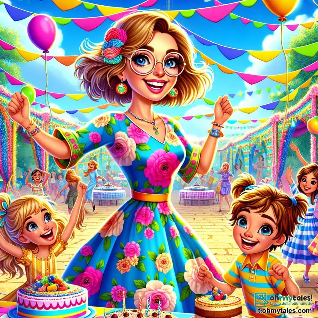 Maestra Clara, una donna di circa trent'anni, sorridente e piena di vita, indossa un vestito colorato a fiori e occhiali tondi. Ballando gioiosamente in mezzo a un gruppo di bambini, i suoi occhi brillano di felicità. Nico, un ragazzo di 8 anni con i capelli castani disordinati, è accanto a lei, ridendo e sollevando le braccia in segno di orgoglio per un fiocco che ha fatto per decorare la festa. Sofia, una bambina di 7 anni con due trecce bionde, tiene un vassoio di dolci colorati e sorride guardando Maestra Clara. La scena si svolge in un bel cortile, decorato con festoni multicolore e palloncini, sotto un cielo blu splendente. Tavoli sono disposti con cibi appetitosi e giochi sono installati attorno. La situazione principale mostra Maestra Clara e i bambini che celebrano insieme la fine dell'anno scolastico, in un'atmosfera festosa e gioiosa, piena di risate e musica.