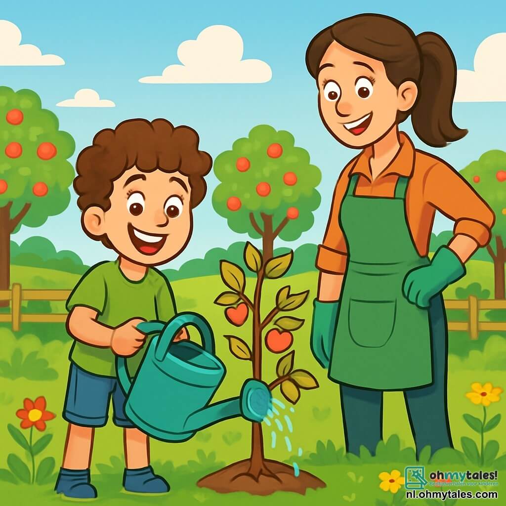 Een 10-jarig jongetje, Joris, met kastanjebruin, krullend haar en een grote blije glimlach, staat in het midden van een groene en zonnige boerderij. Hij draagt een felgroen t-shirt en een spijkerbroek, terwijl hij een gieter gevuld met een mengsel van knoflook en water vasthoudt, klaar om de bomen te redden. Naast hem staat zijn moeder, een vrouw van ongeveer 35 jaar met lang bruin haar in een paardenstaart, die trots glimlacht terwijl ze naar haar zoon kijkt. Ze draagt een tuinjas en werkhandschoenen, terwijl ze bij een jonge appelboom met gele bladeren staat. De locatie is een mooie en kleurrijke boomgaard, met rijen fruitbomen, heldere bloemen en een heldere blauwe lucht met pluizige witte wolken. Joris, vol energie en vastberadenheid, is bezig met het water geven van de wortels van de appelbomen om ze weer gezond te maken, terwijl zijn moeder hem aanmoedigt met lieve woorden, wat een sfeer van samenwerking en liefde voor de natuur creëert.