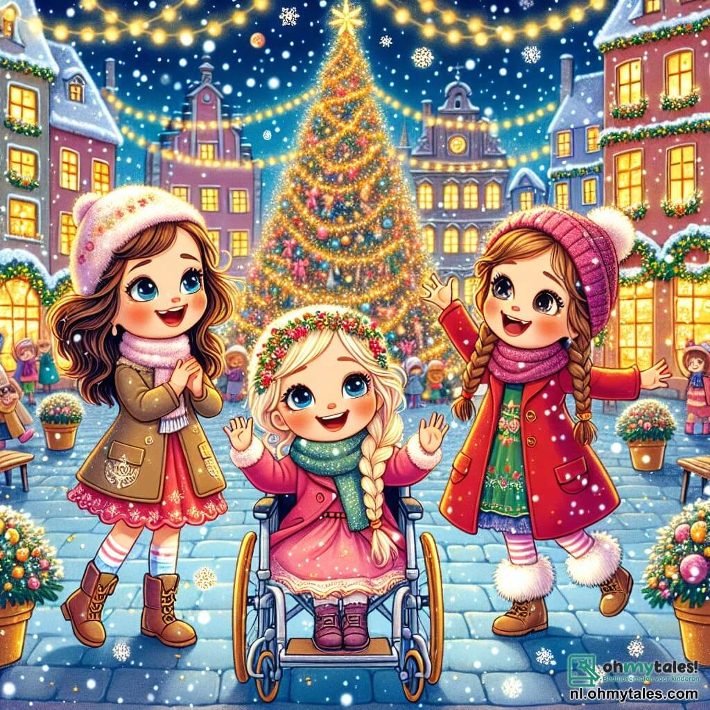 Drie kleine meisjes staan in het midden van de afbeelding: Emma, een 8-jarig meisje, zit in een mooie rolstoel versierd met lichtjes, met bruin haar en sprankelende ogen. Rechts van haar is Lotte, een 7-jarig meisje met blonde vlechten en een felrode jas, die vrolijk glimlacht met haar armen omhoog. Links is Noor, een 6-jarig meisje met krullend haar en een kerstmuts, die enthousiast danst. De achtergrond toont een levendig plein, omringd door prachtige huizen versierd met fonkelende lichten. In het midden staat een enorme kerstboom die schittert met kleurrijke ballen en gouden slingers. Sneeuwvlokken vallen zachtjes en creëren een magische sfeer. De drie vriendinnen lachen en verwonderen zich over de magie van Kerstmis, terwijl sneeuwvlokken om hen heen dwarrelen, wat de vreugde en feestelijke geest van deze speciale dag symboliseert.
